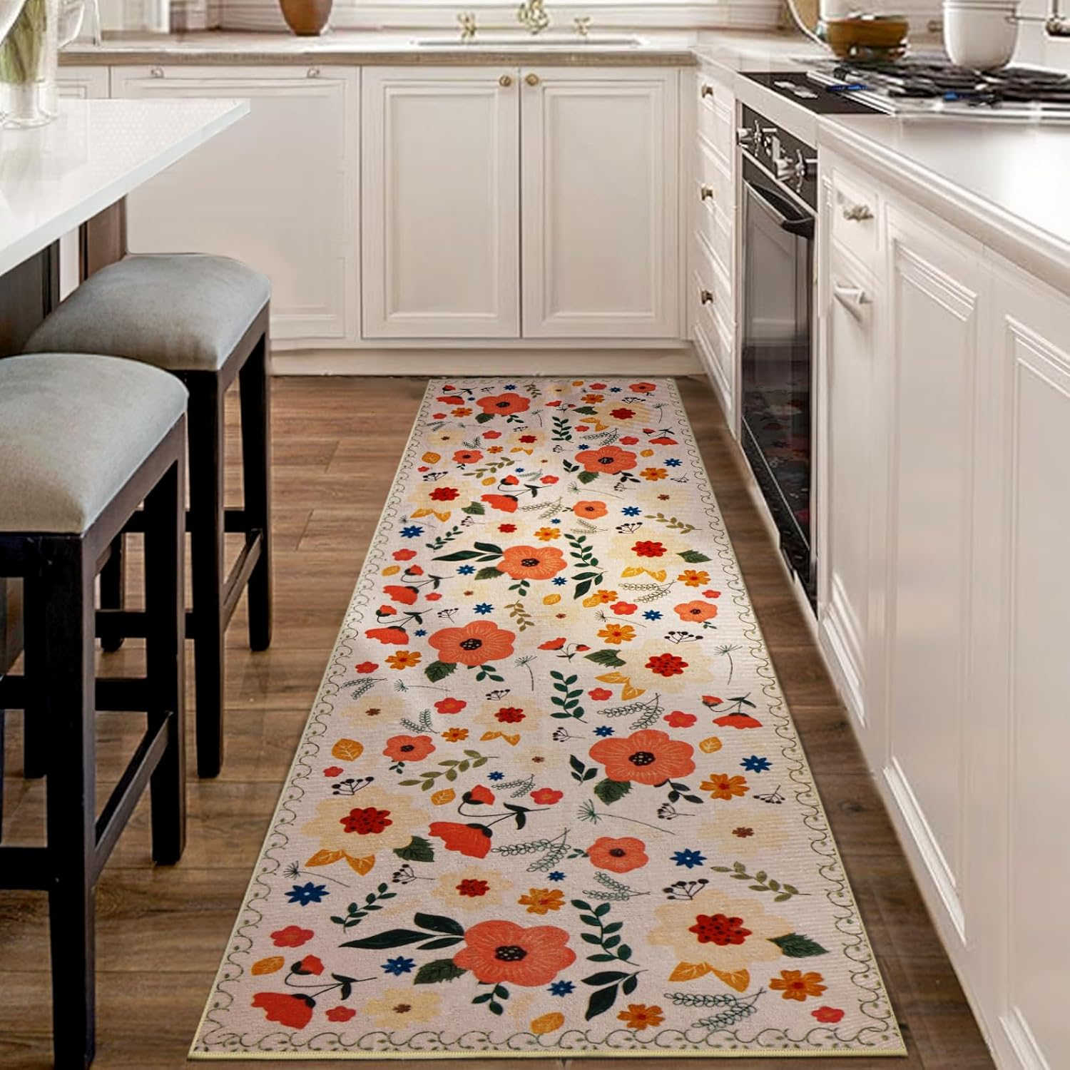 Elegant Floral Rug Hallway Runner Rug- 2 x 6 ft,Non Slip Washable Runner Rugs with Rubber Backing Soft Flowers Carpet Runner for Bedroom Kitchen Dining Room Laundry-Cream