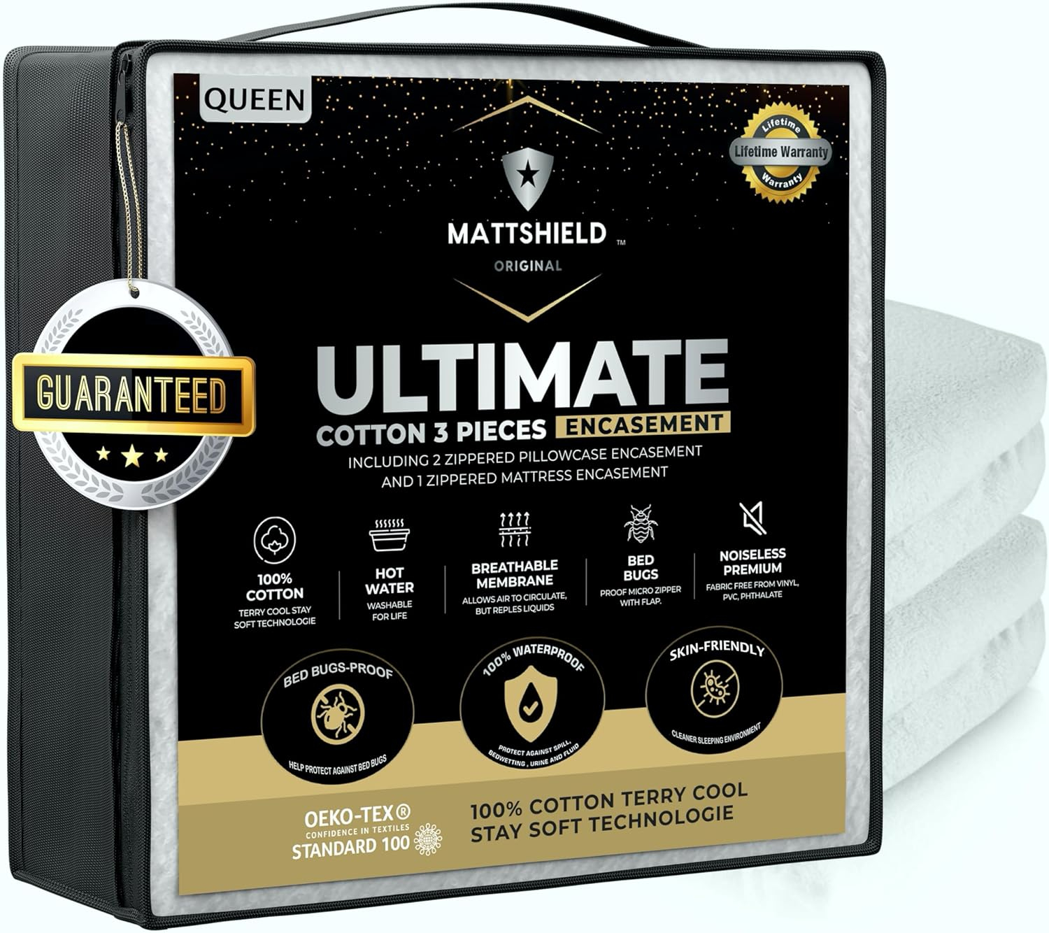 MATTSHIELD New Ultimate 3-Piece Kit - Bed Bug-Proof Mattress Cover Queen Size 100% Cotton Top + 2 Pillow Protectors with Zipper - 6 Sided Waterproof Encasement, Total Defense Kit