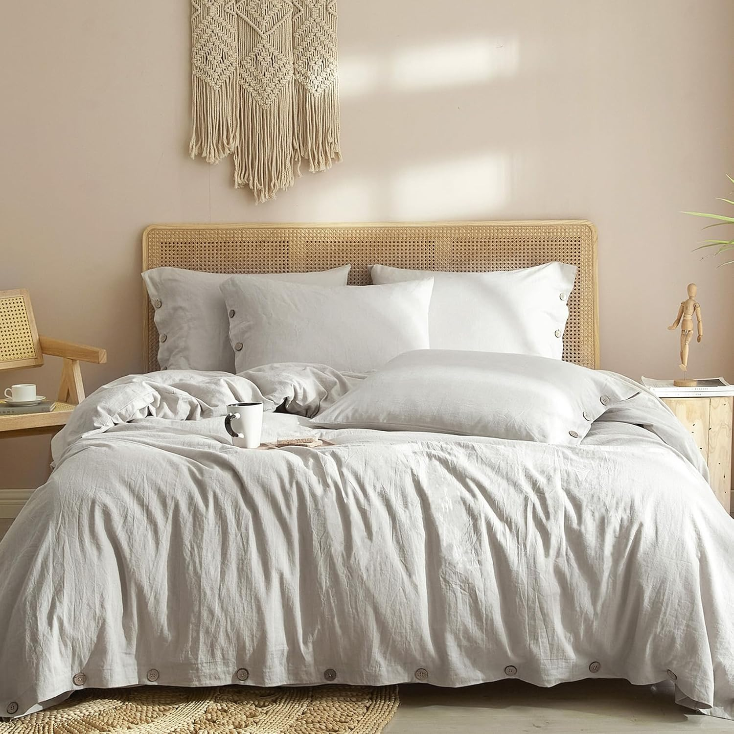 Ivellow Linen Cotton Blend Duvet Cover Set Queen - Jaquard Floral Textured Ultra Soft Breathable Grey Botanical Garden Flower Leaves Branch Bedding Set 3 Pcs