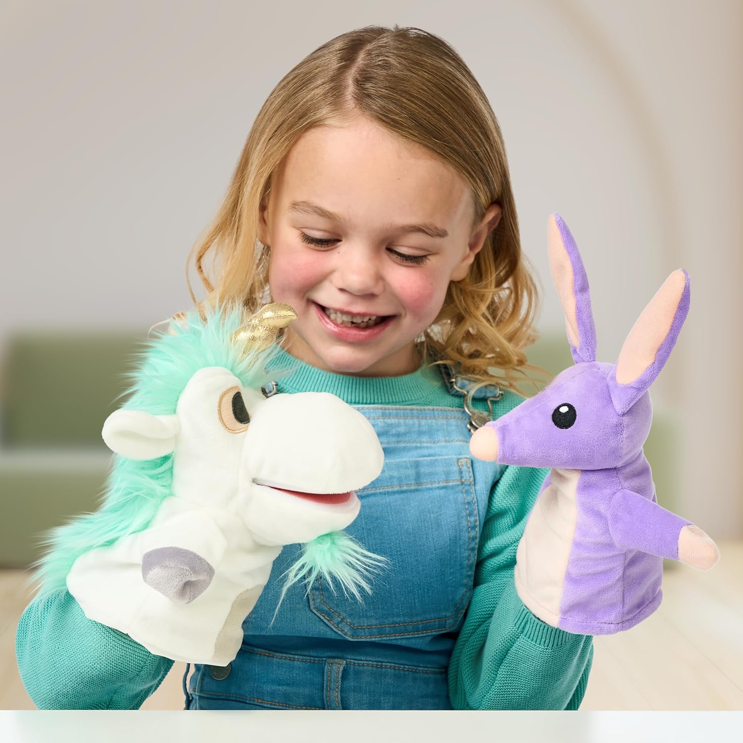 Bluey Unicorse & Bob Bilby Hand Puppet Plush 2-Pack – 8-9” Soft Deluxe Fabric, Embroidered Details, Perfect for Toddler Hands, Imaginative Play, Official Bluey Toys, Amazon Exclusive