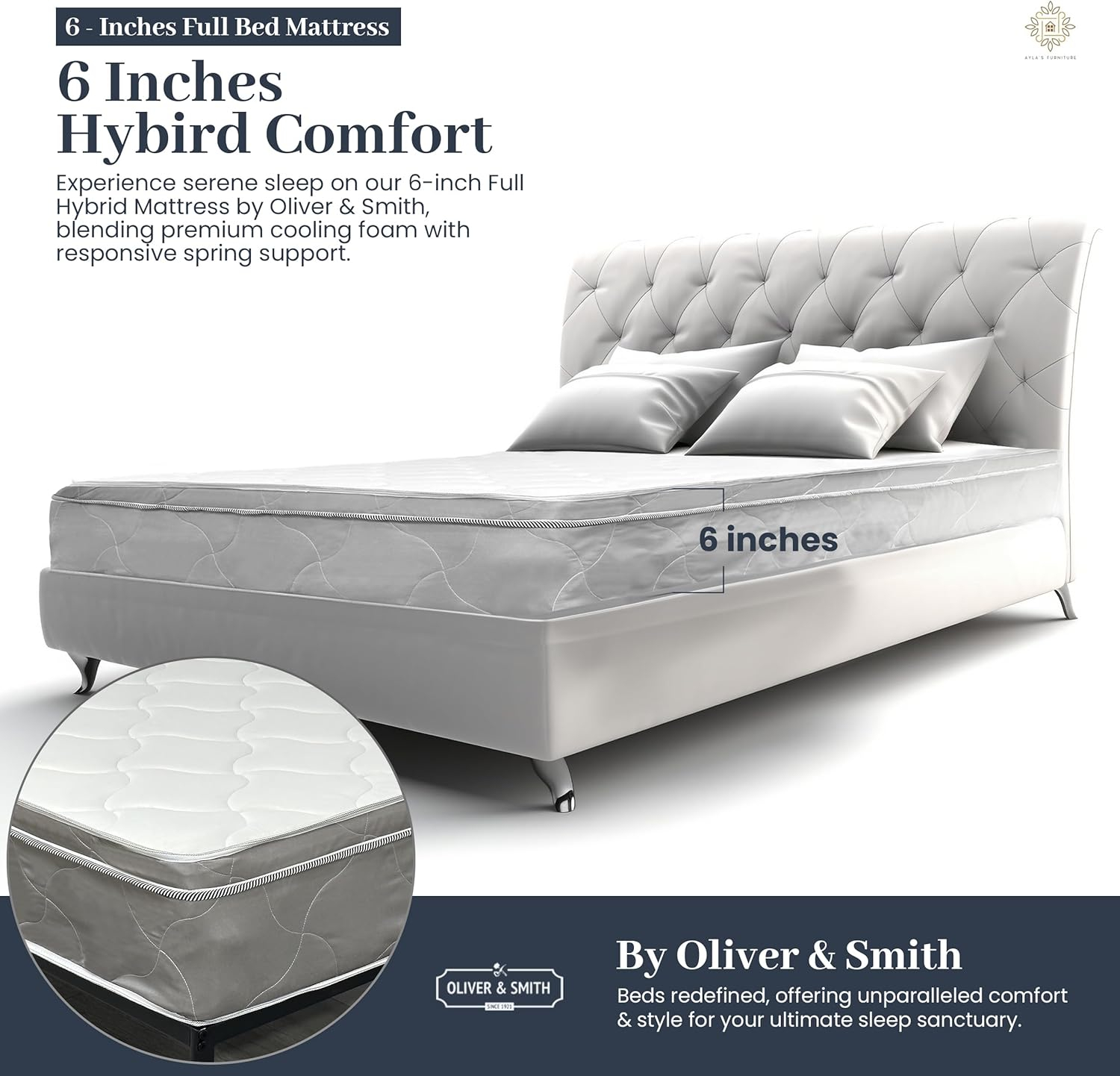 Full Size Mattress - 6 Inch Comfort Foam & Spring Hybrid Mattress - Euro Top - Medium Firm - Oliver & Smith