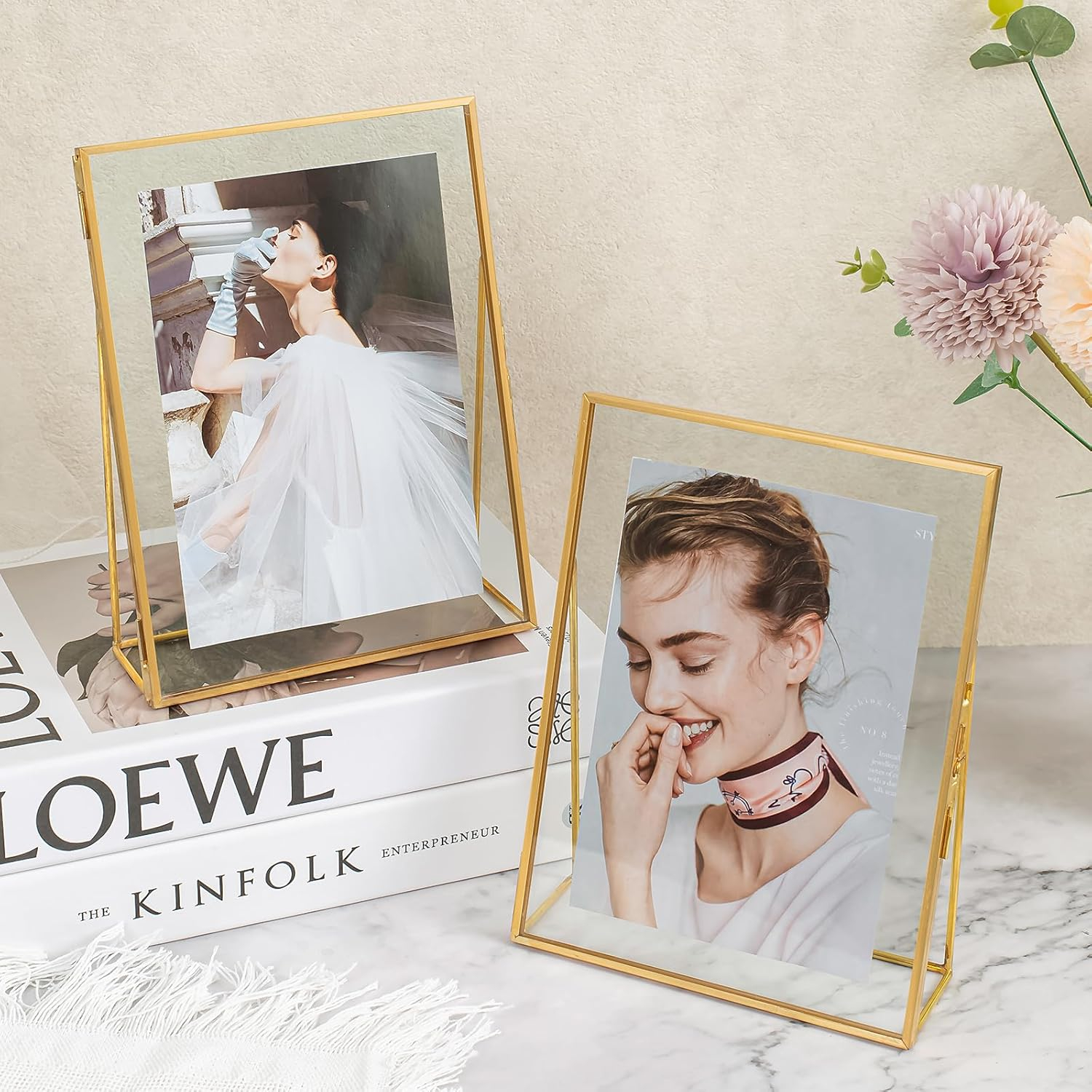 Gold Floating Picture Frame Set of 2, Glass Picture Pressed Flower Frames, Gold Floating Frame for 5x7 Photo Vertical Standing Tabletop Display