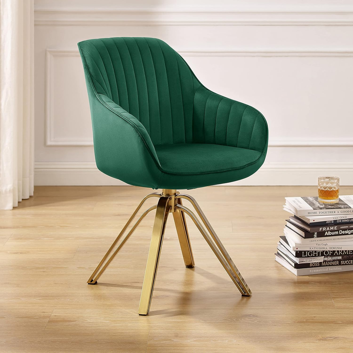 23 in. Green Velvet & Gold Swivel Arm Chair