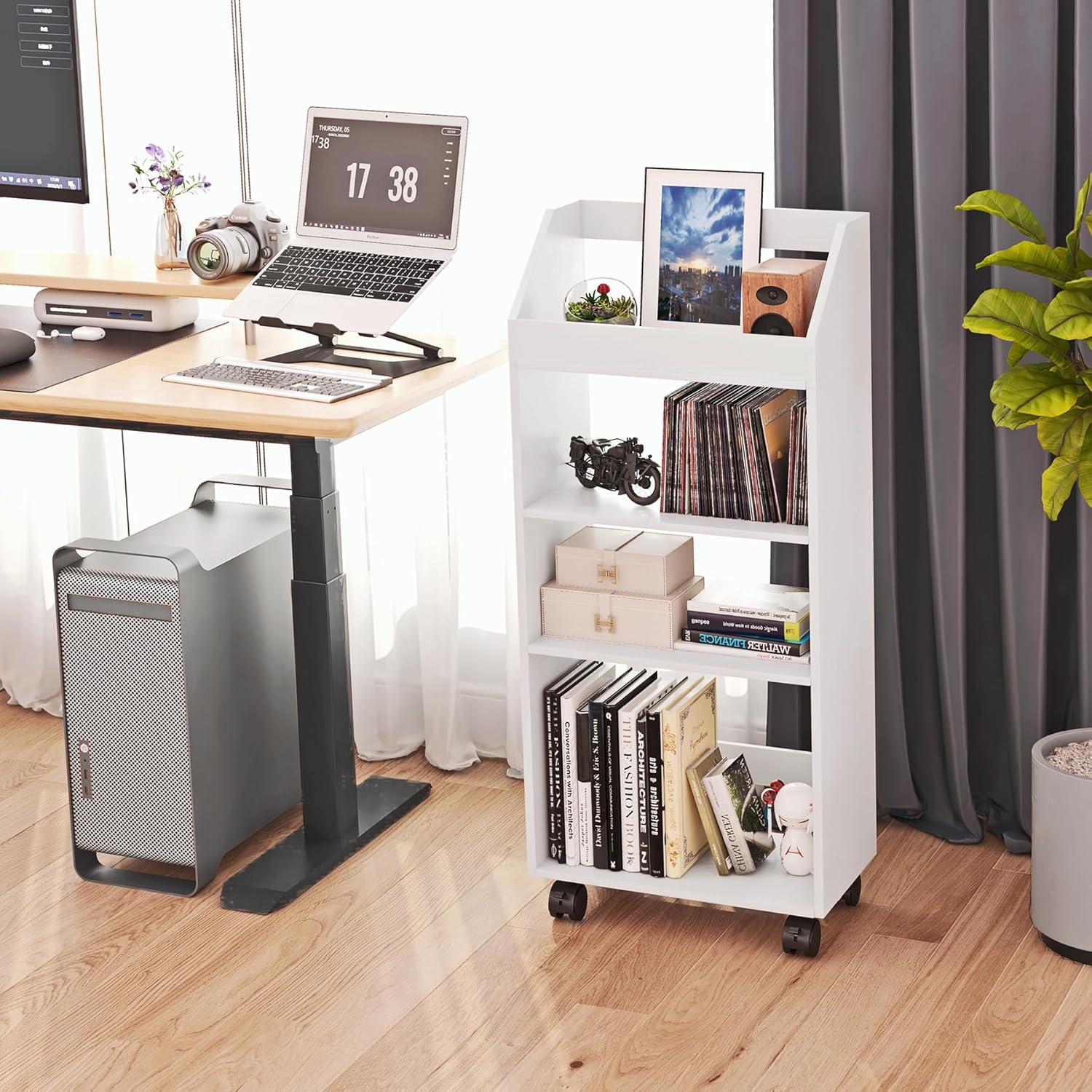 4-Tier Mobile Bookshelf, White Bookcase with Wheels, Rolling File Holder Desk File Book Organizer for Home Office Living Room School