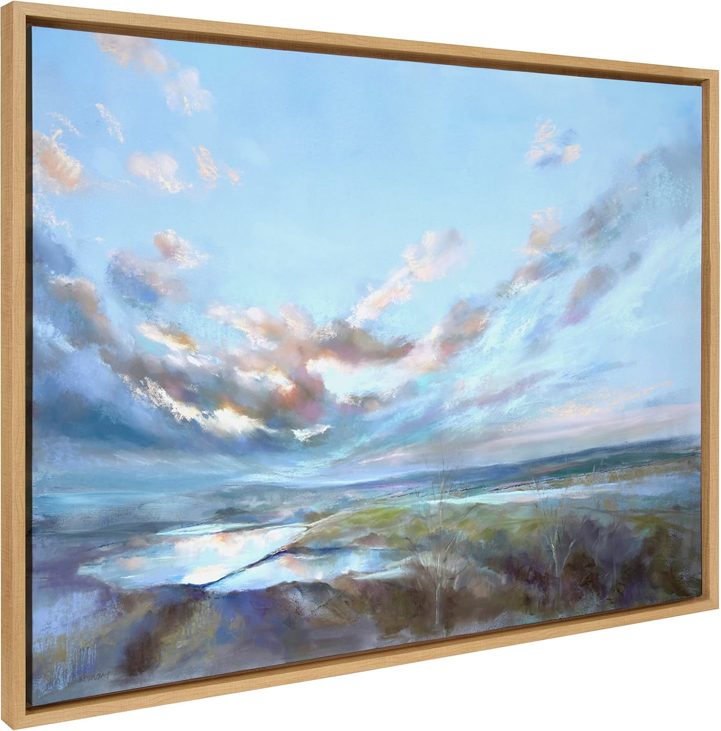 Kate and Laurel Sylvie Looking West Fairburn Ings Framed Canvas Wall Art by Nel Whatmore, 28x38 Natural, Blue Ocean Skies Landscape Painting Art for Wall Decor
