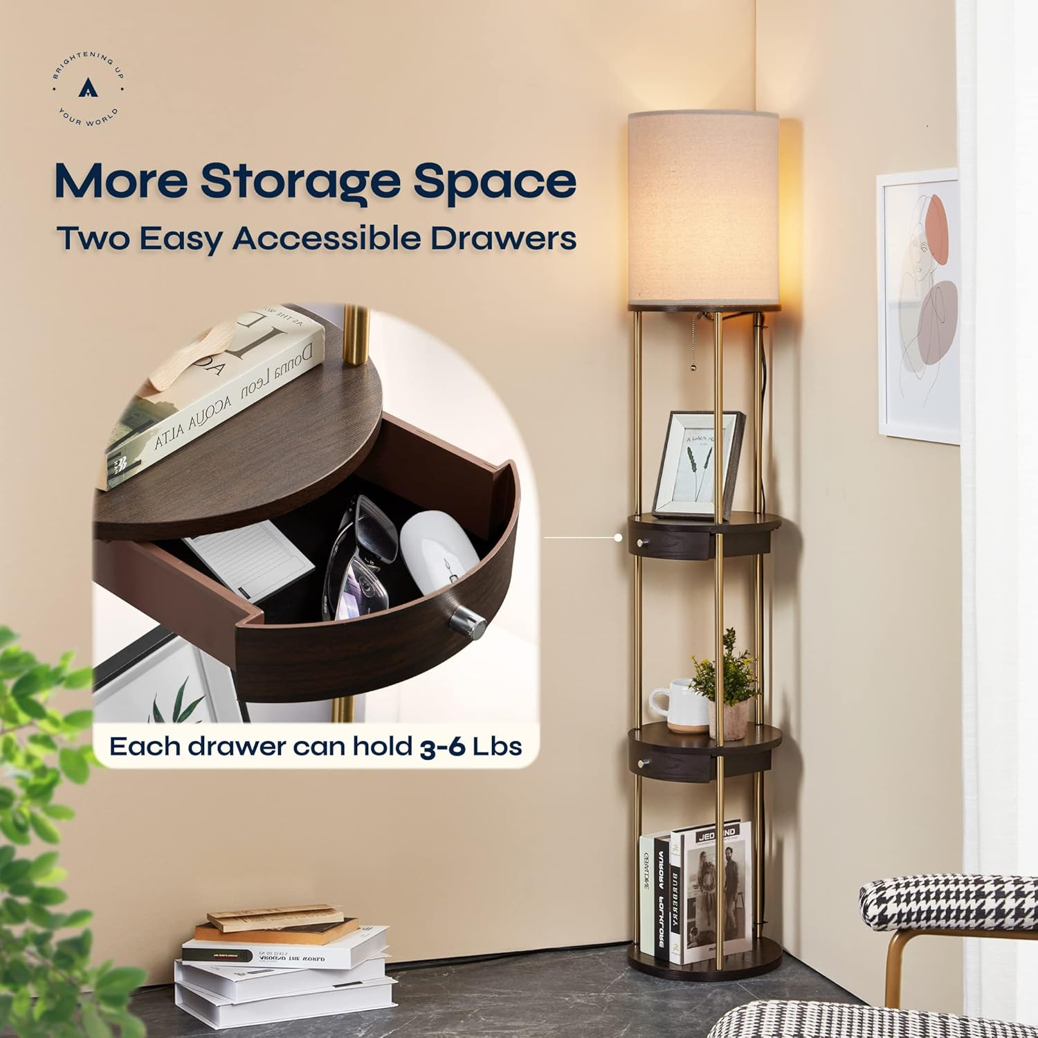 ATAMIN Aria Drawer Edition Floor Lamp with Shelves and Drawer, Modern Floor Lamp for Bedroom and Living Room, 63", Brown