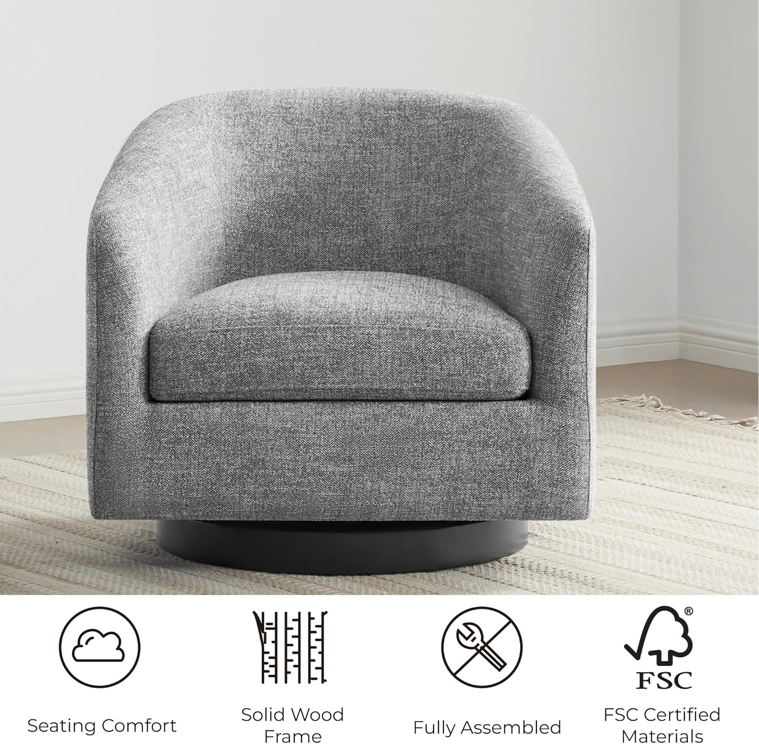 CHITA Swivel Accent Chair Fabric, Round Barrel Arm Chair Living Room, Pebble Gray&Black Base