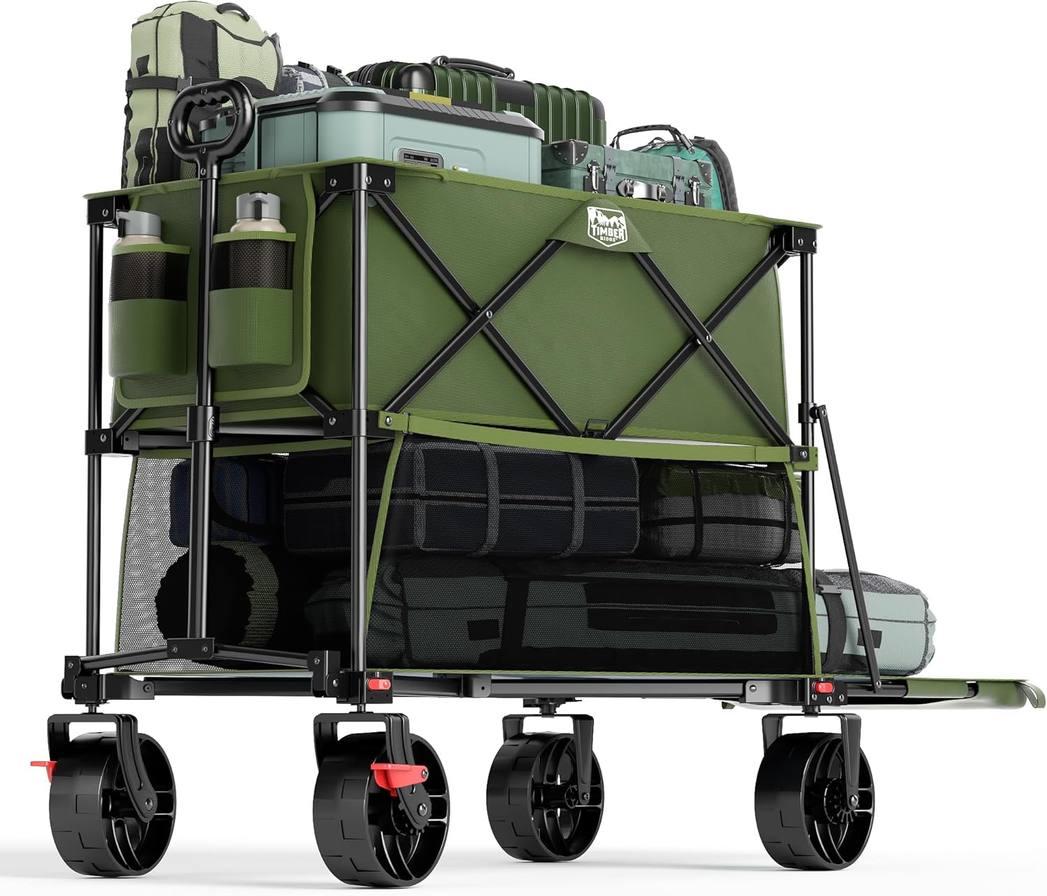 TIMBER RIDGE 400L Large Capacity Folding Double Decker Wagon with Brakes, 54" Extra Long Extender Wagon Cart, 450lbs Heavy Duty Collapsible Cart, All-Terrain Big Wheels for Camping, Sports, Shopping