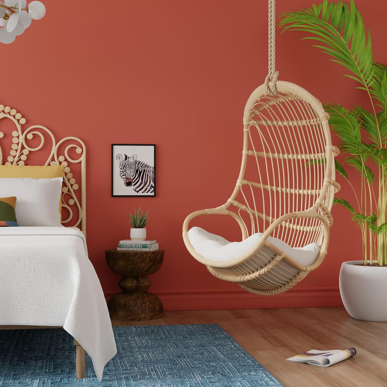 KOUBOO Hanging Rattan Swing Chair with Seat Cushion, Handwoven Natural Rattan Chair, Coastal Home Decor Furniture for Bedroom, Living Room, & Sun Room, Natural