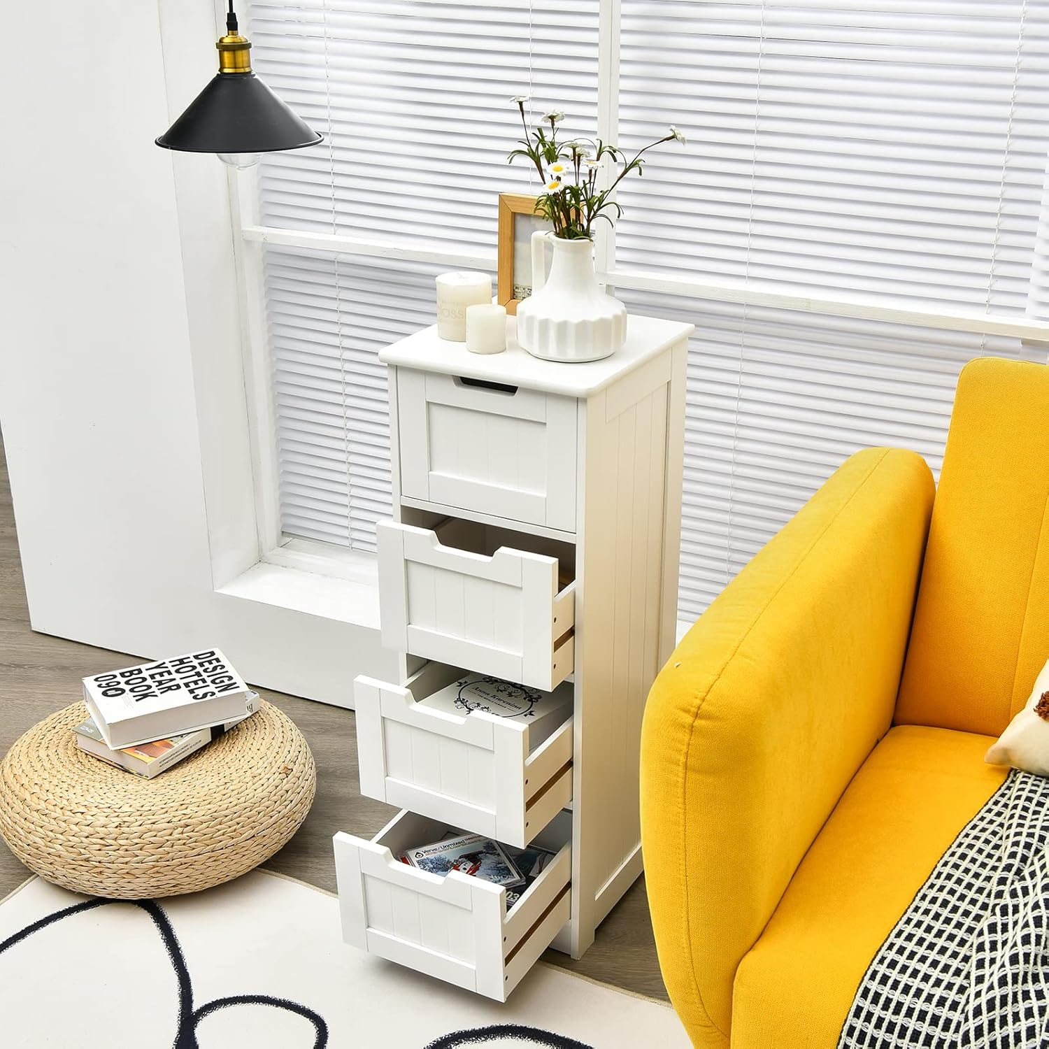 White MDF Freestanding Cabinet with 4 Drawers