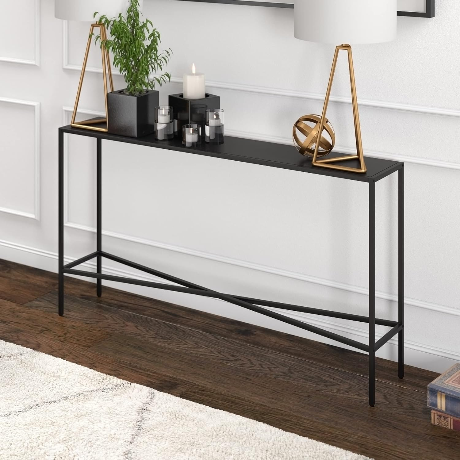 Evelyn&Zoe Henley 55" Wide Rectangular Console Table with Metal Top, Blackened Bronze