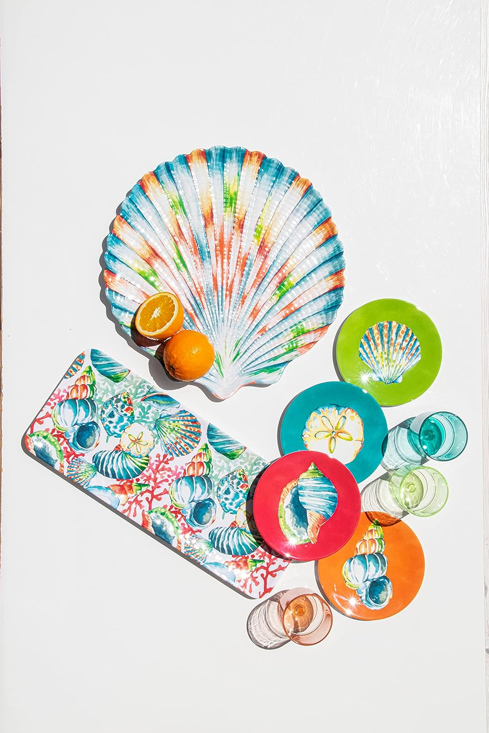 TarHong Sandbar Brights Ocean Themed Set of 4 Assorted Appetizer Plates, 6.8”, Pure Melamine, Shatterproof, Indoor/Outdoor