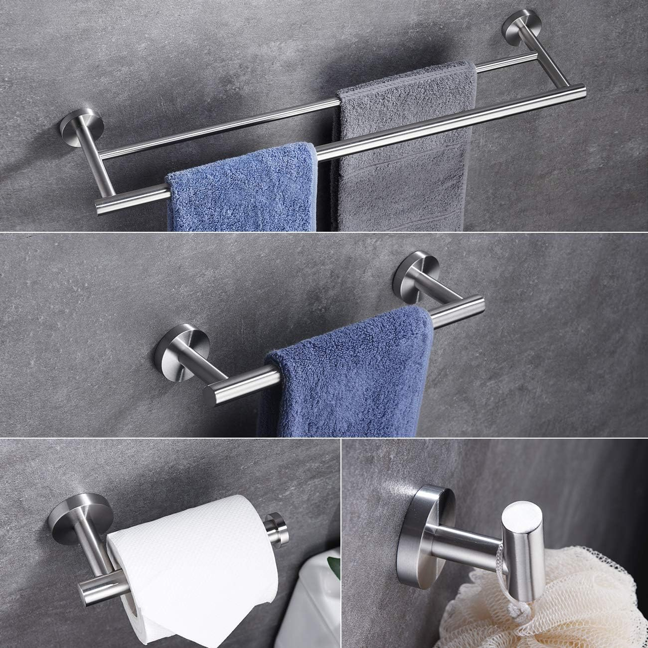 4-Piece Bathroom Accessories Set Brushed Stainless Steel Wall Mount - Includes Double Towel Bar, Hand Towel Rack, Toilet Paper Holder, Robe Hooks, BS100S4-BN