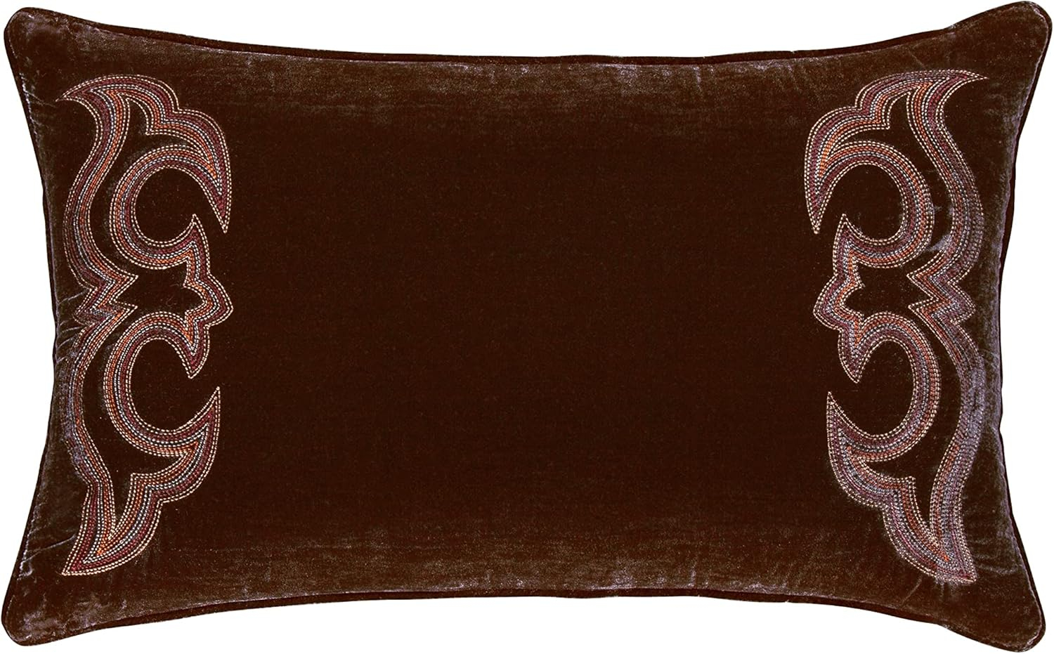 Copper Brown Faux Silk Velvet Lumbar Pillow with Boot Stitch Embroidery