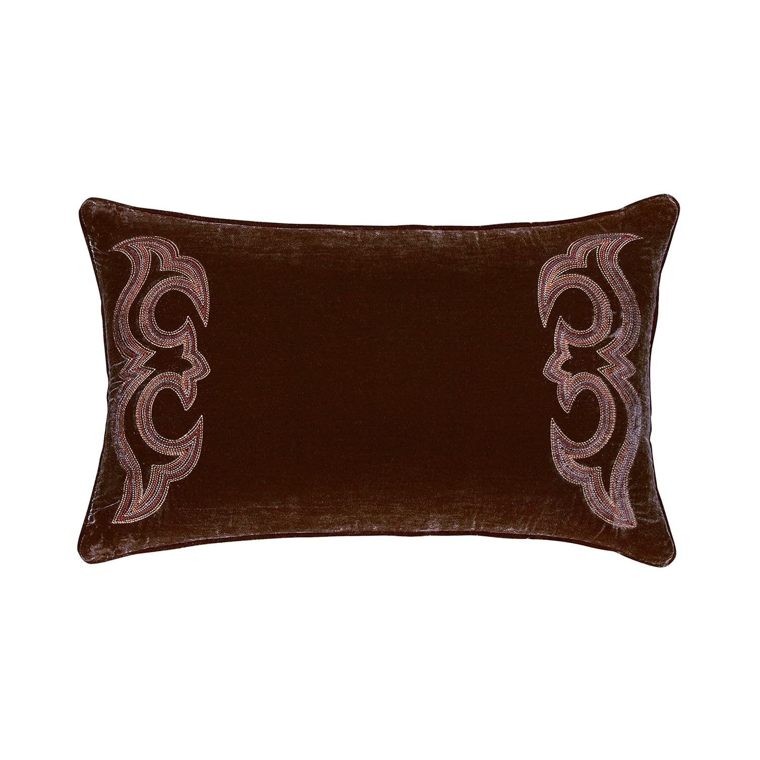 Copper Brown Faux Silk Velvet Lumbar Pillow with Boot Stitch Embroidery