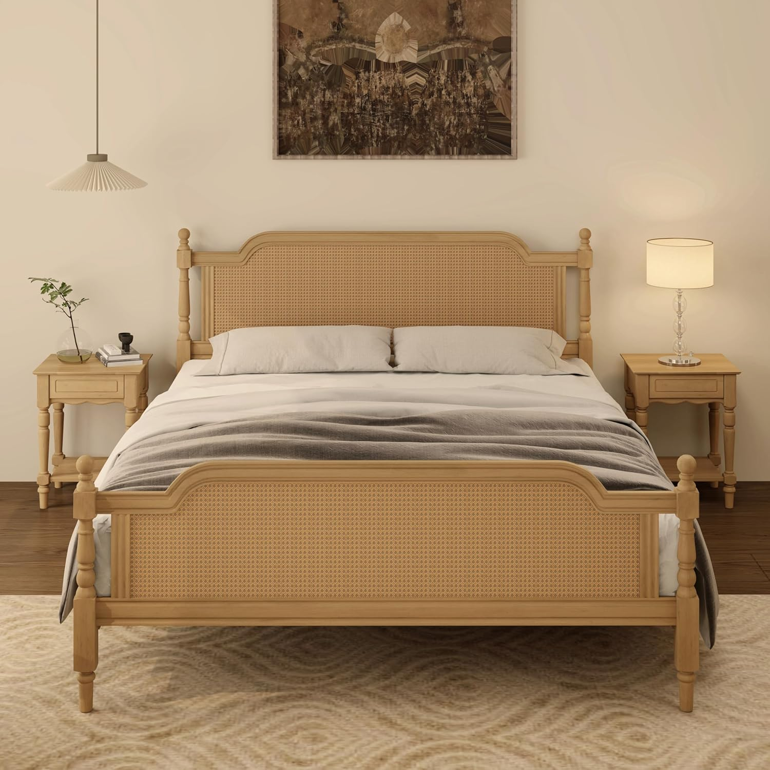 Traditional Style Rattan King Size Platform Bed Frame, Wooden Bed Frame with Rattan Headboard and Footboard, Wood Slat Support, No Box Spring Needed, Easy Assembly (Antique Walnut,310)