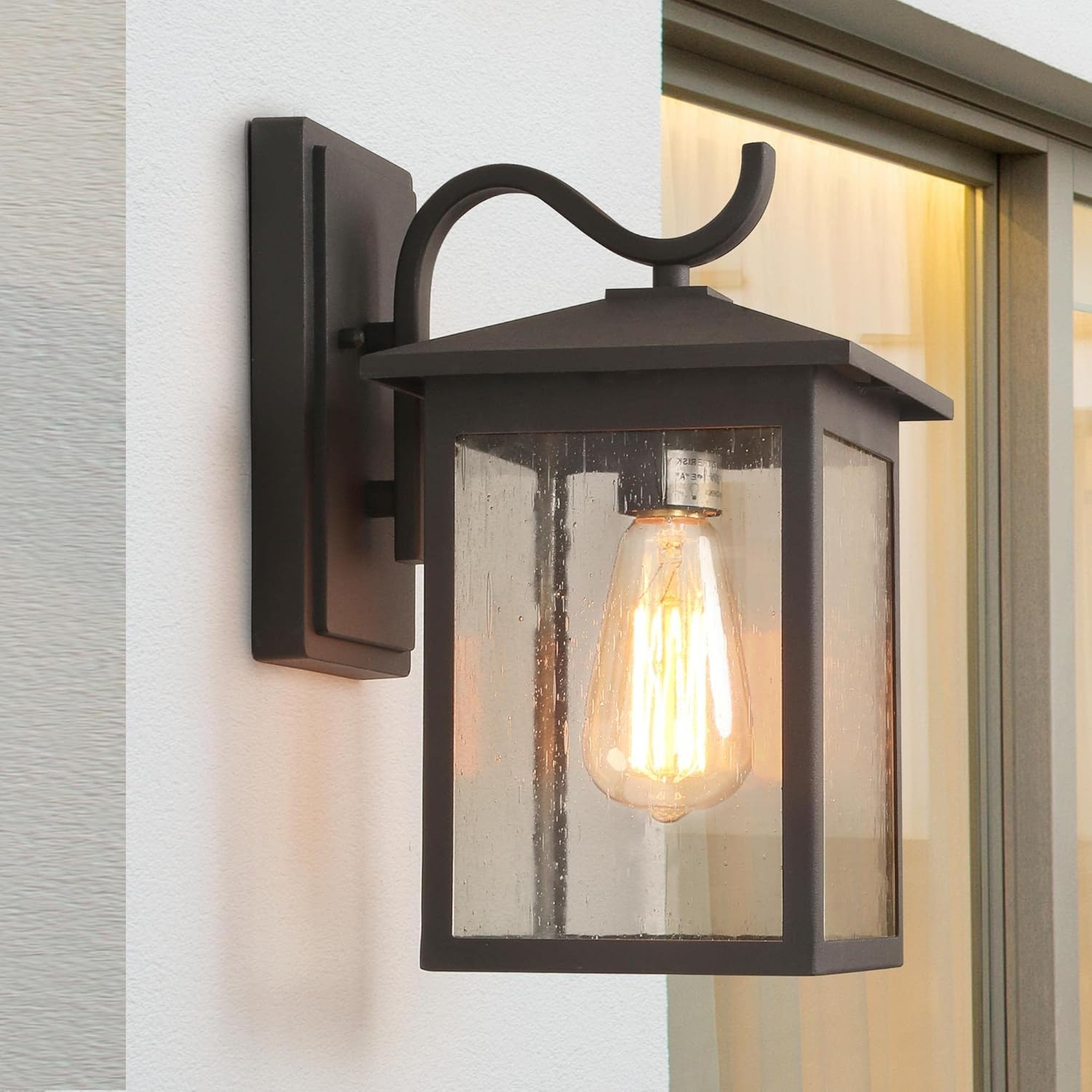LOG BARN Black Outdoor Wall Light Fixture, Modern Farmhouse Rectangular Porch Lights Outdoor Wall Mount with Water Ripple Glass, Waterproof Outside Exterior Sconce Lights for House, Front Door, Garage