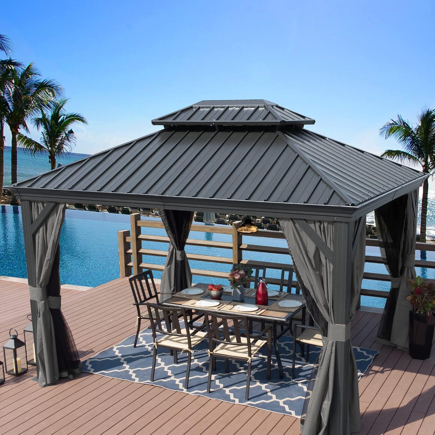 KOZYARD  Alexander Hardtop Aluminum Gazebo with Mosquito Net and Privacy Curtain Grey 10' x 12'