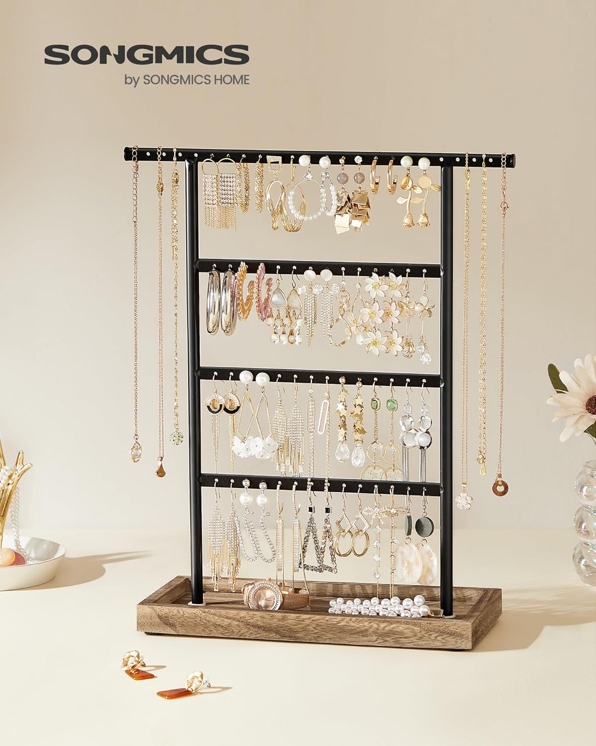 SONGMICS Jewelry Organizer, 4-Tier Earring Holder Organizer Stand with Base Tray, for Studs and Necklaces, Vintage, Wood Color and Black UJJS019B01