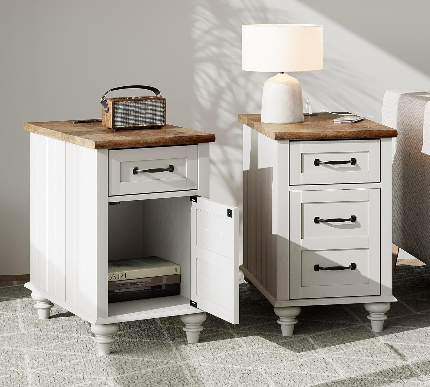 WAMPAT 2 Pack End Tables with Charging Station, Farmhouse Side Table with Drawer & Storage Cabinet, White Nightstand with Power Outlets & USB Ports for Living Room, Bedroom