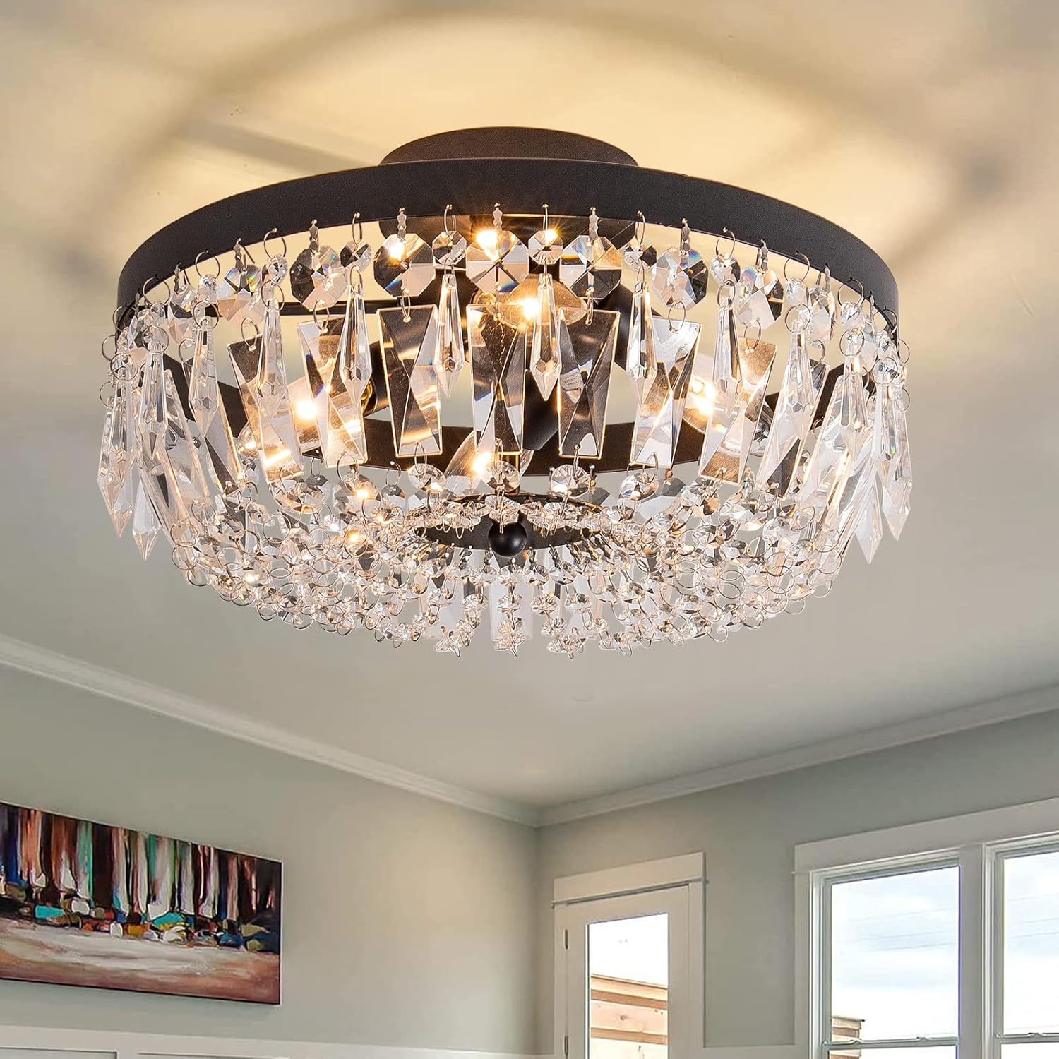 KSRYSZCQ Black Crystal Ceiling Light 4 Light Semi Flush Mount Ceiling Light Crystal Close to Ceiling Light Fixtures for Bedroom Living Room Kitchen Hallway