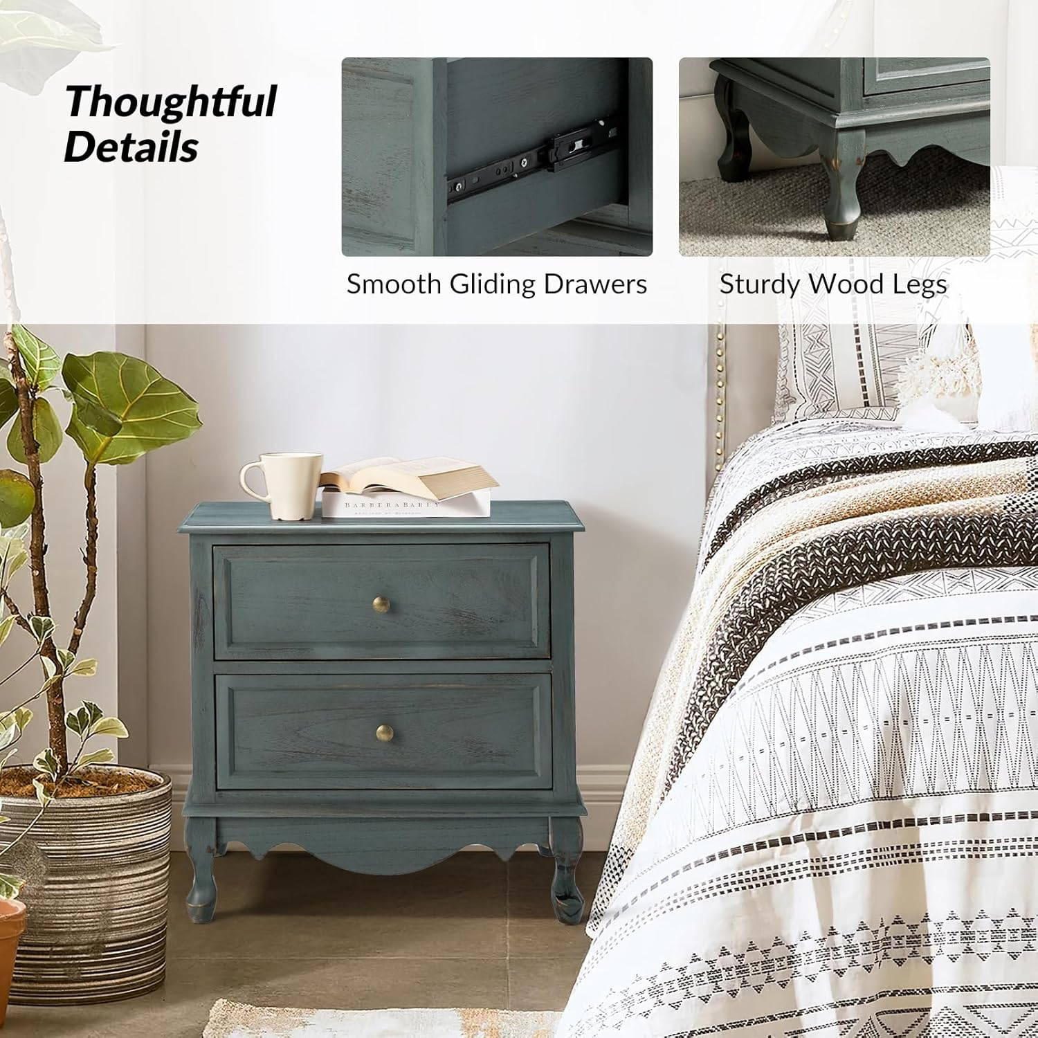 Blue Solid Wood 2-Drawer Nightstands with Metal Handles