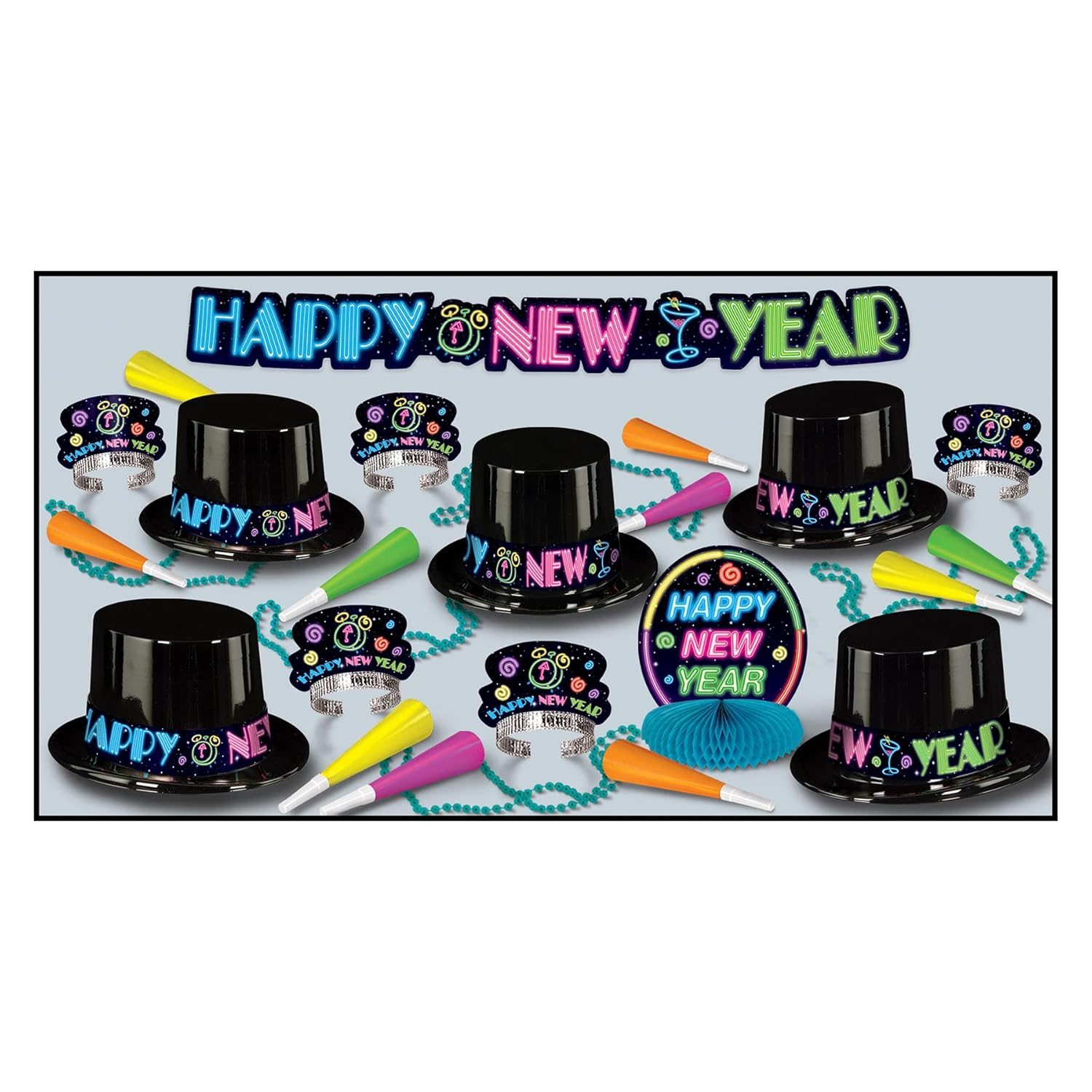 Neon New Year's Party Kit for 10 with Hats and Horns