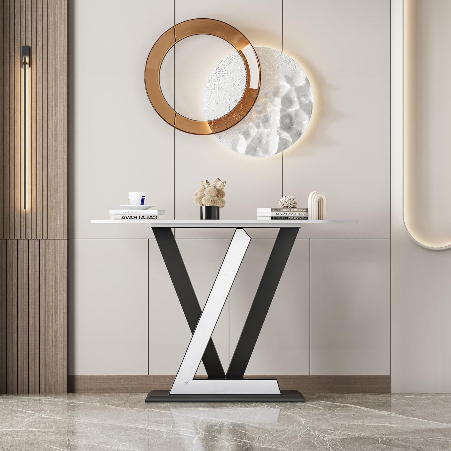 47.24'' Modern Console Table, Sintered Stone Narrow Entryway Table with Geometric Shape Metal Base for Entrance, Living Room, Hallway