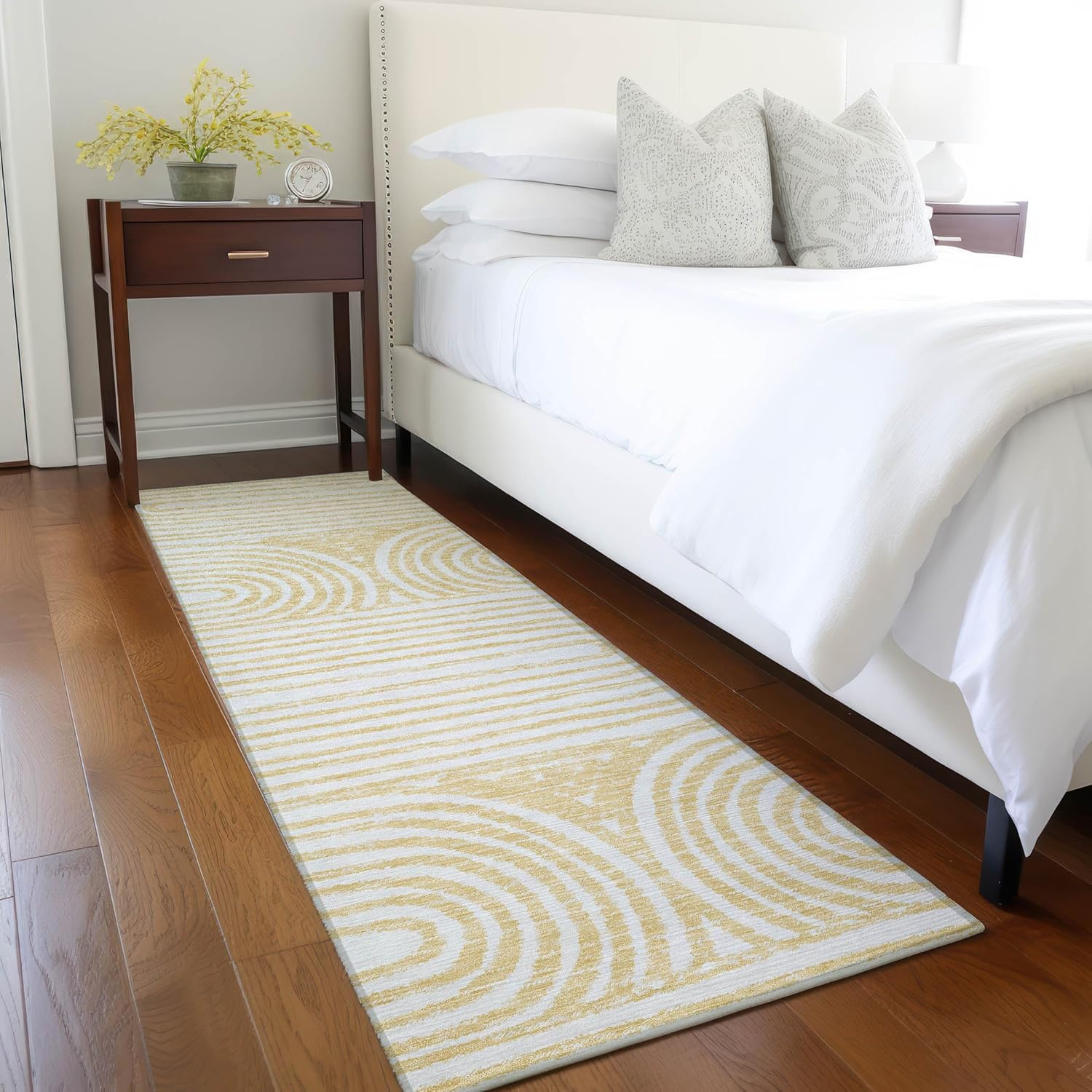 Gold and White Striped Synthetic Washable Runner Rug