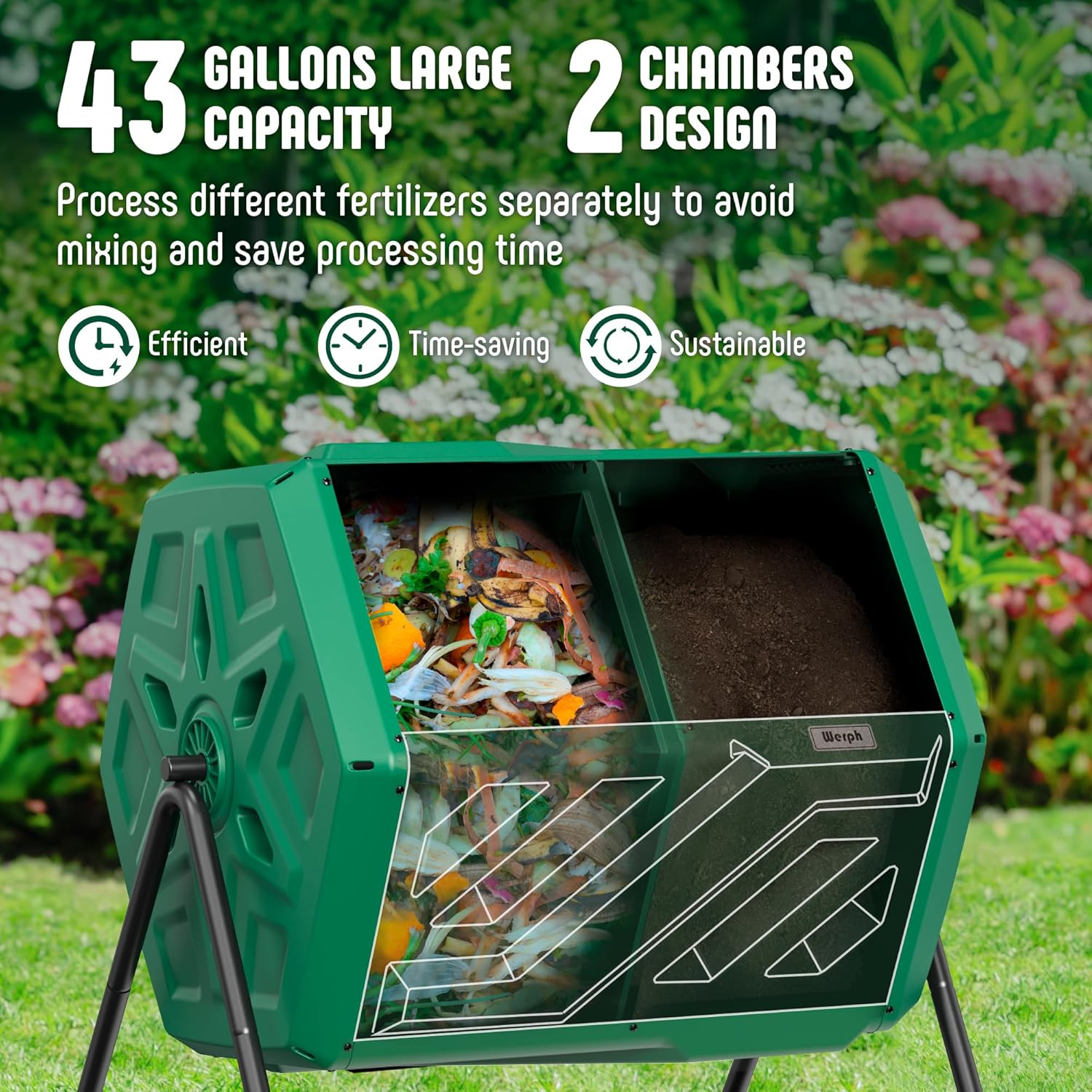Werph Compost Bin Dual Dual Chamber Compost Tumbler, 43 Gallon Compost Tumbler Outdoor with 2 Sliding Doors, Heavy Duty Tumbling Rotating Composter Bin for Kitchen Garden Yard