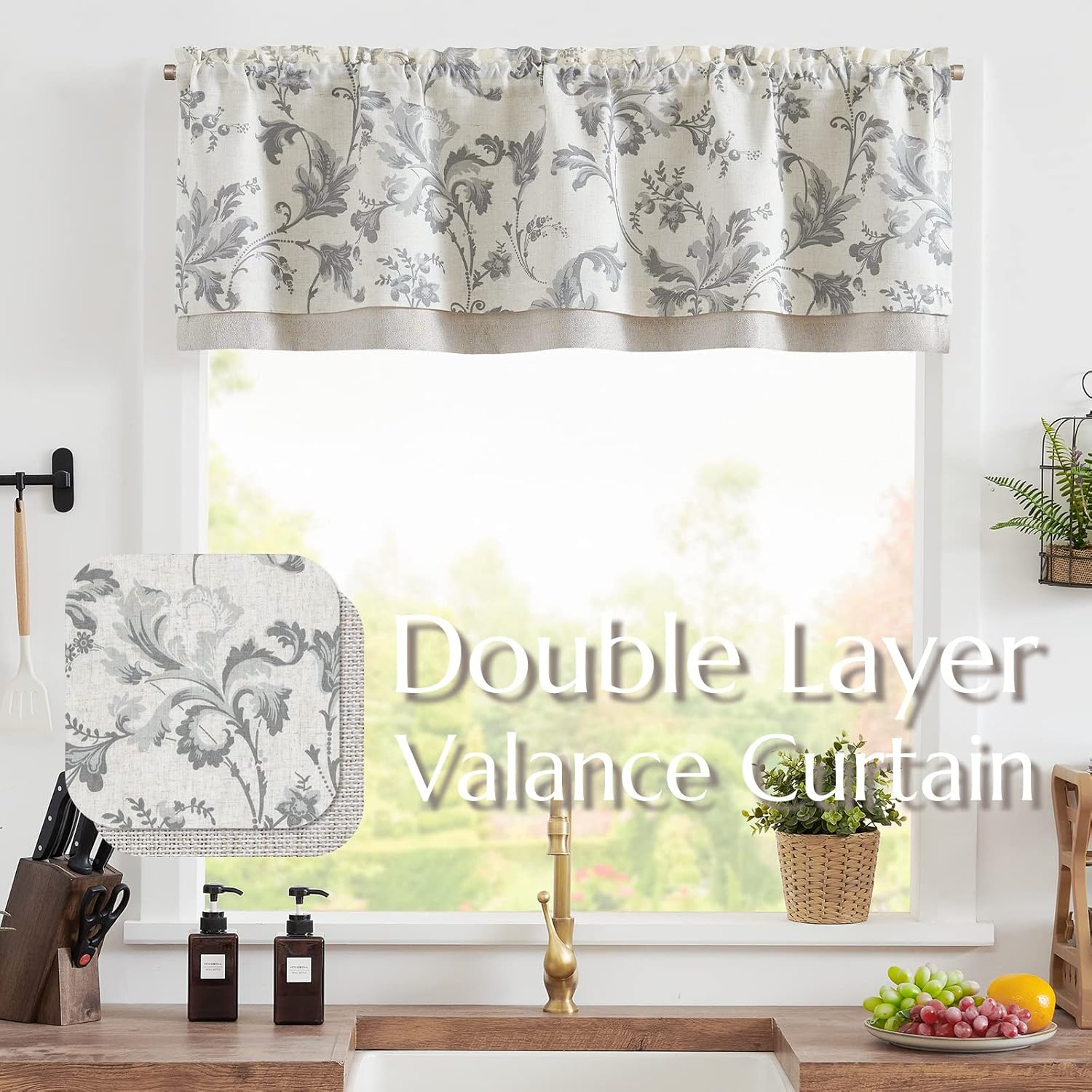 jinchan Linen Valance Curtain Farmhouse Window Decor Gray Floral Print for Kitchen Living Room Double Layer Blackout Valance 16 Inches Rustic Window Treatment 1 Panel Rod Pocket Grey on Beige