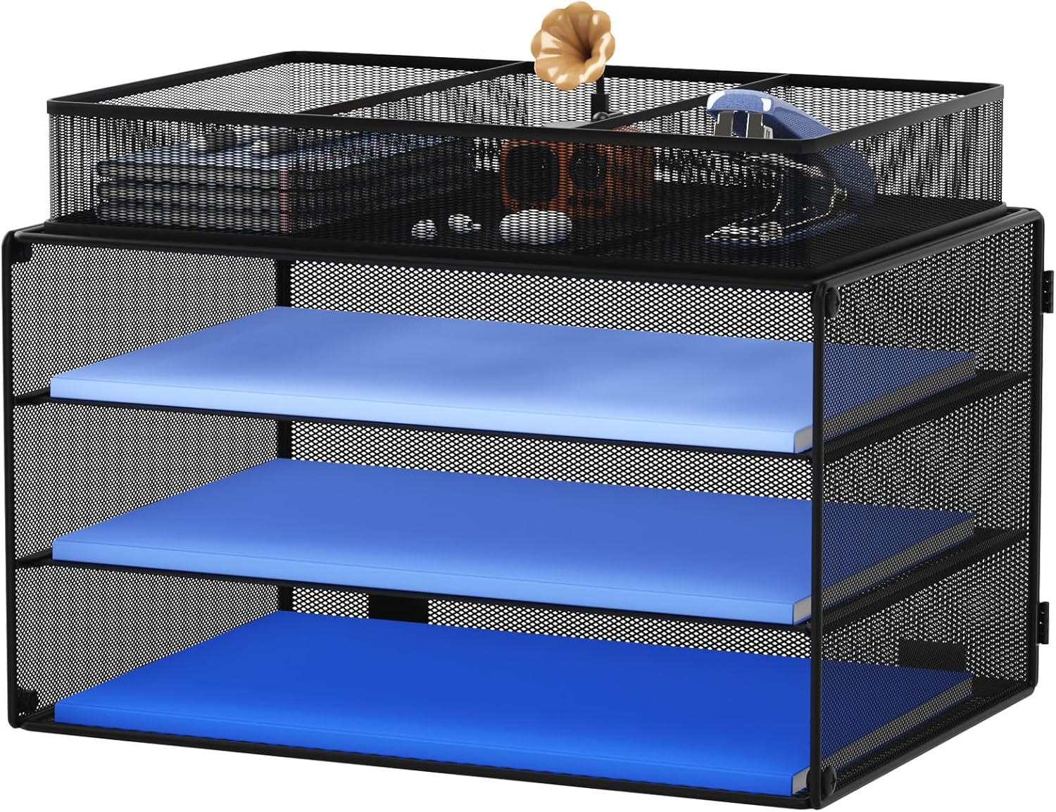 Paper Letter Tray Organizer, 3 Tier Mesh File Tray Desktop Paper Sorter with Drawer, Black