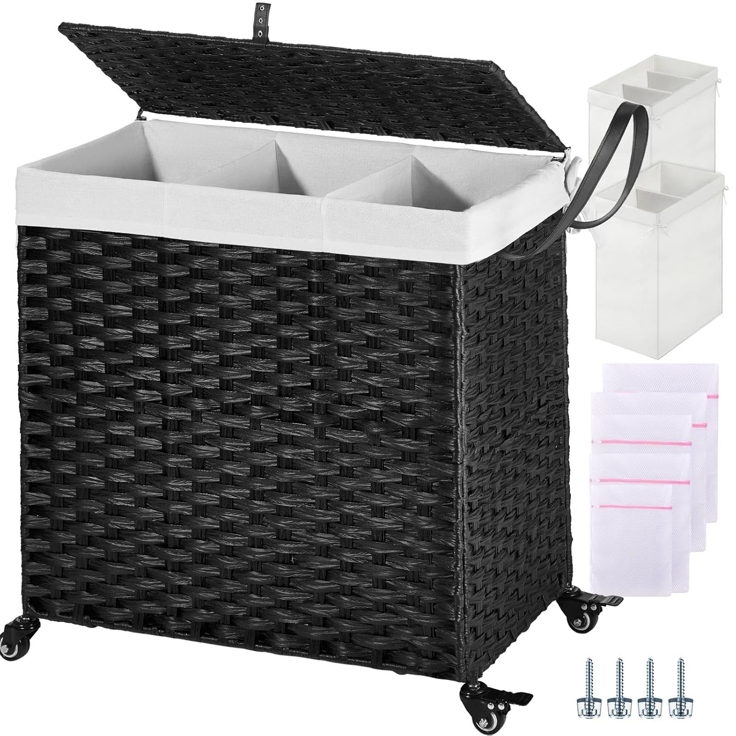 Greenstell Laundry Hamper with Wheels&Lid, 130L Large 3 Sections Clothes Hamper with 2 Types Removable Liner Bags, 5 Mesh Laundry Bags, Handwoven Divided Laundry Basket Black