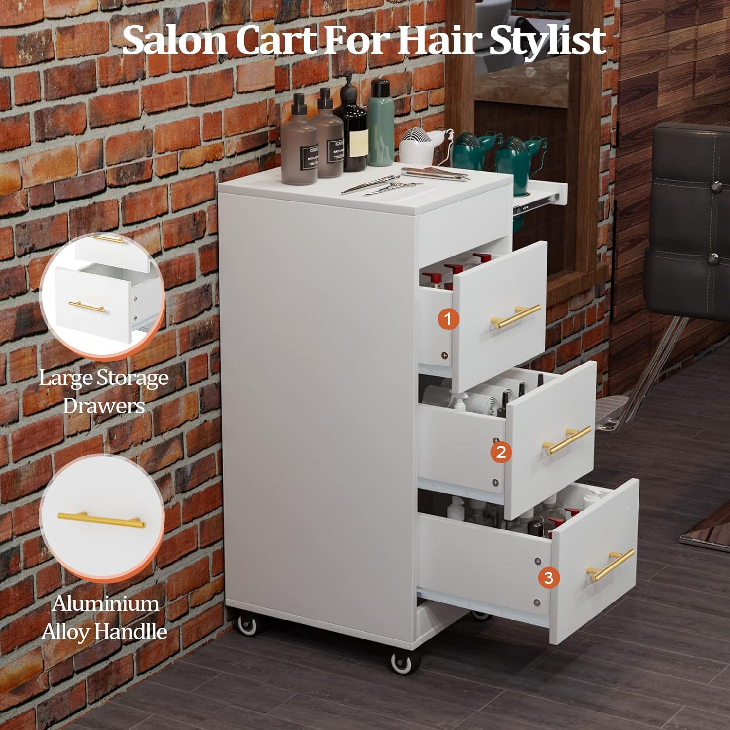 Wood Salon Trolley Cart with Wheels, Hair Cart Mobile Storage Cabinet, Hairdressing Styling Tools Organizer, Rolling Salon Station for Beauty Spa Barbershop Tattoo (White)