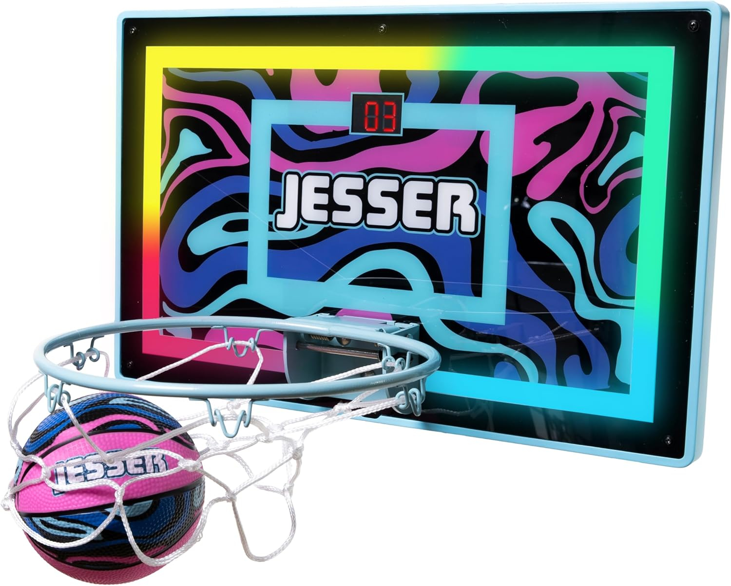BucketSquad Jesser Hoop, Electronic over the Door Mini Digital Basketball Hoop Set with LED Lights