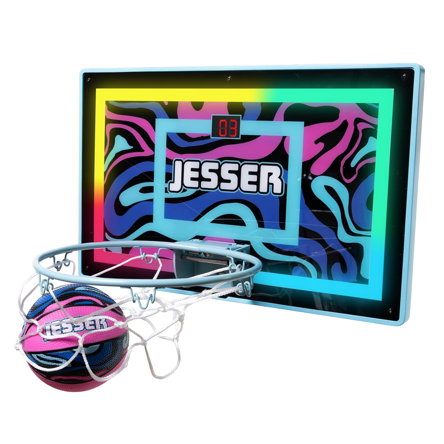 BucketSquad Jesser Hoop, Electronic over the Door Mini Digital Basketball Hoop Set with LED Lights