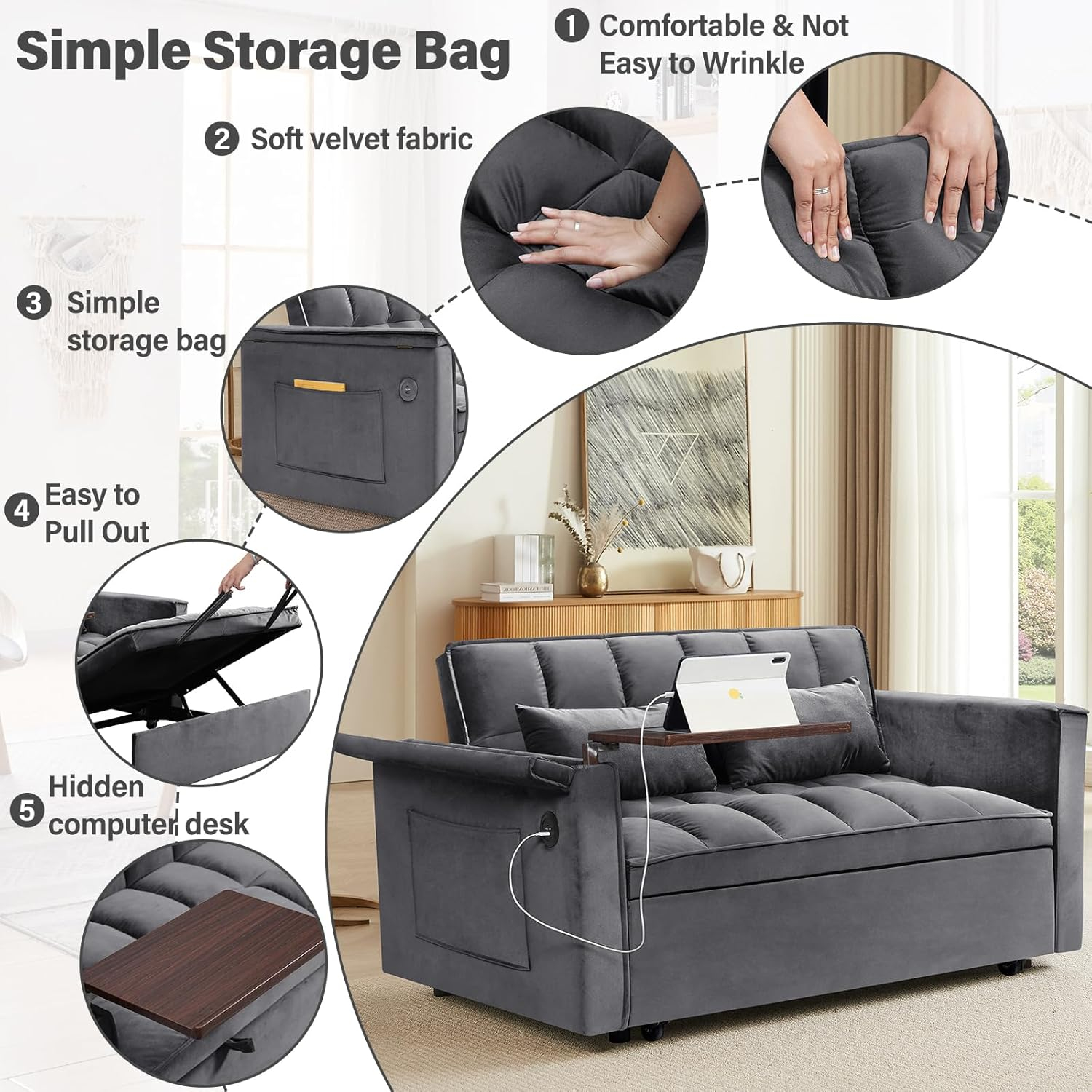Convertible Sofa Bed,3-in-1 Velvet Sleeper Couch Pull-Out Bed,55'' Loveseat Sleeper Sofa Bed with Adjustable Backrest with Pillows and Storage Bag & USB Port and Hidden Side Computer Table,Dark Gray