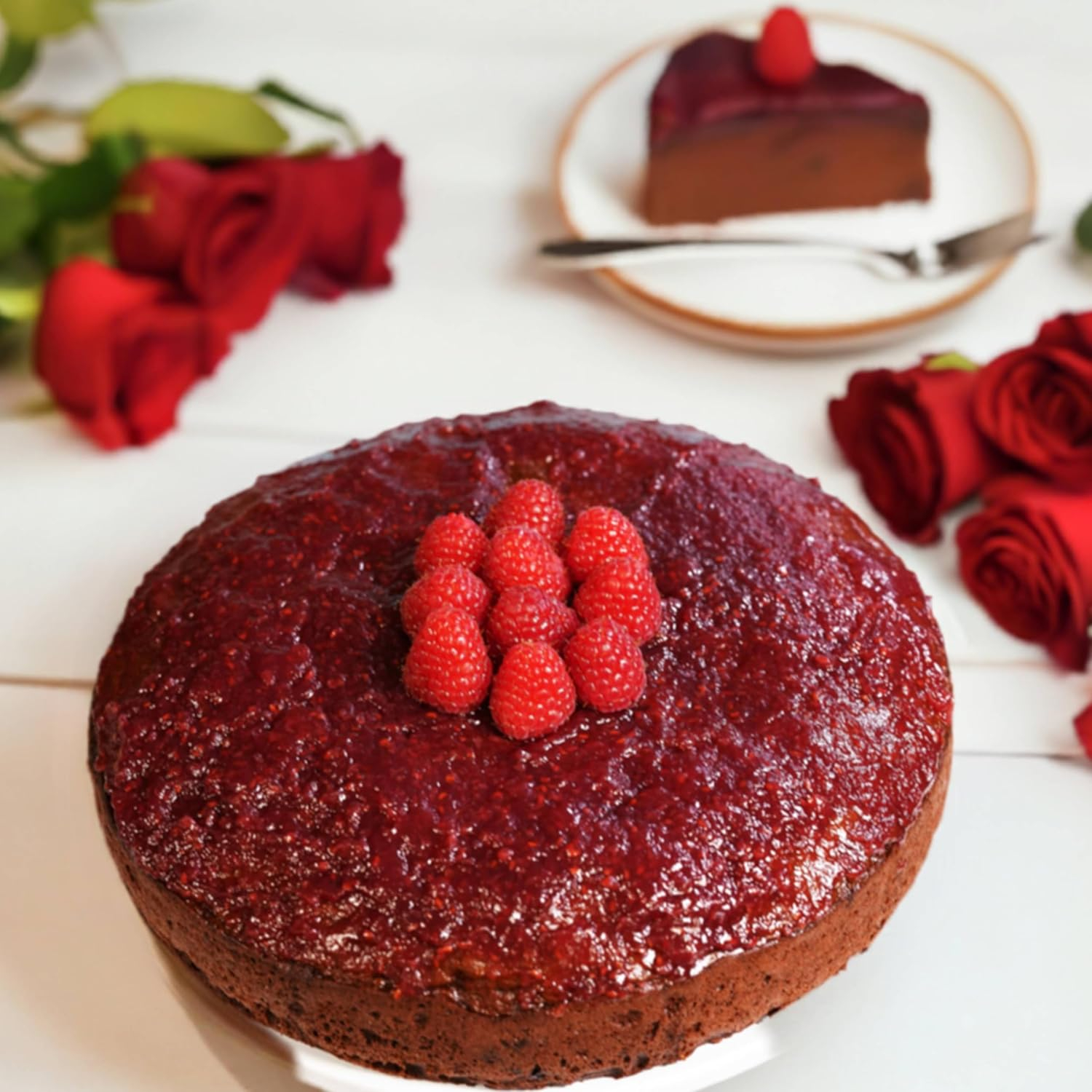 Sugar-Free Raspberry Chocolate Truffle Cake with Fresh Raspberries