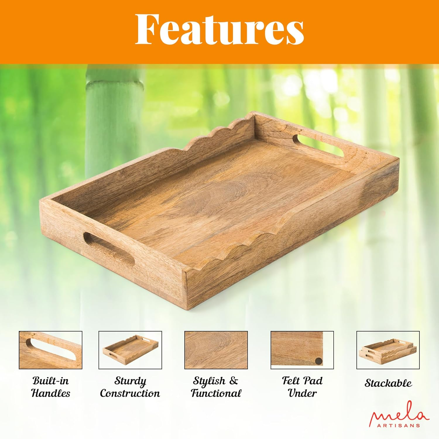 Mela Artisans Serving Tray with Elegant Scalloped Edges, Natural | 15" x 10" x 1.75" | Handcrafted Mango Wood Tray, Perfect for Breakfast, Tea/Coffee Serving, Home Décor, or Organizing