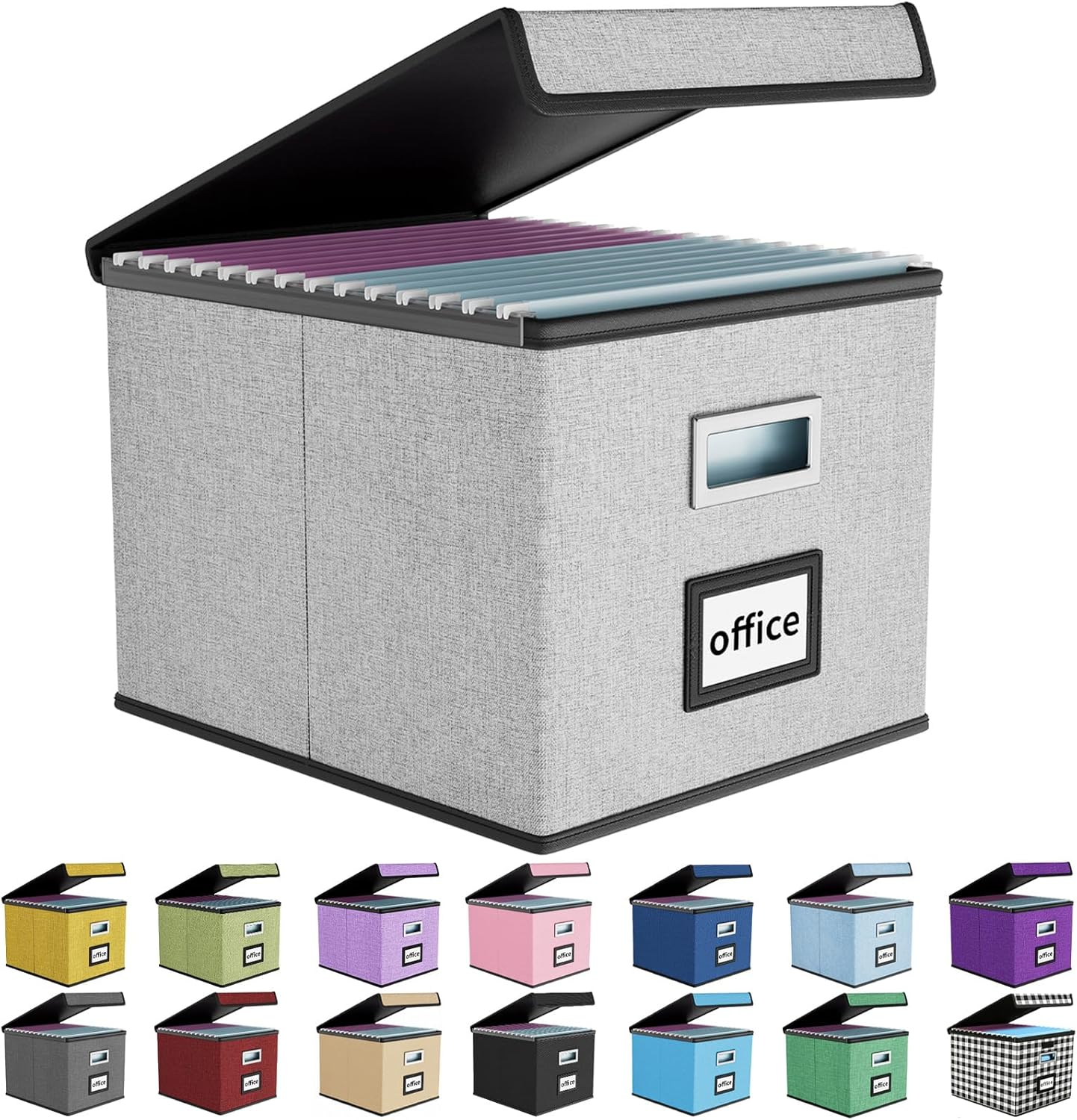 Huolewa Portable File Organizer Box, Office Document Storage Organizer Box with Lid, Linen Hanging Filing Storage Box, Decorative Home/Office Filing System for File and Folders Storage (Light Grey)