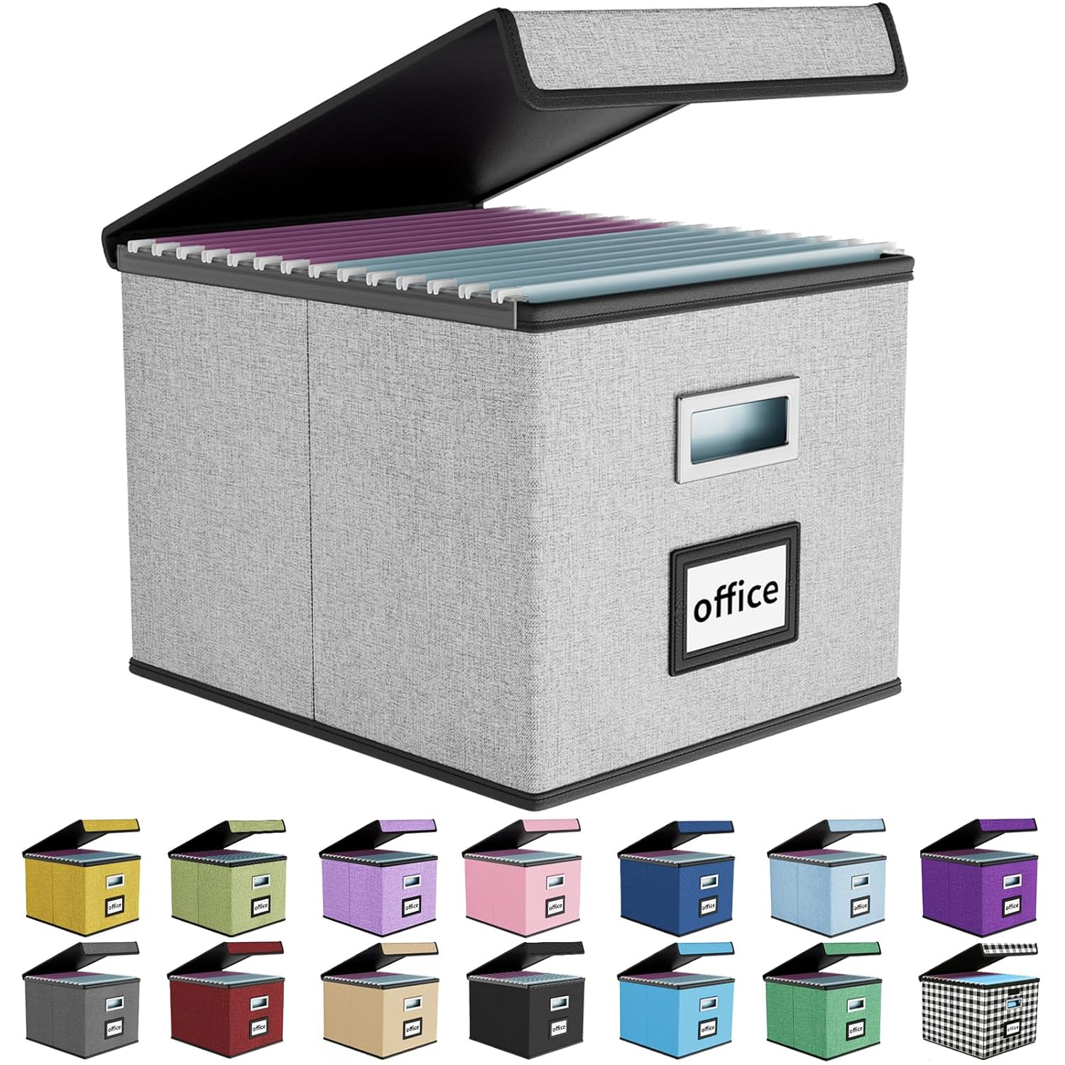 Huolewa Portable File Organizer Box, Office Document Storage Organizer Box with Lid, Linen Hanging Filing Storage Box, Decorative Home/Office Filing System for File and Folders Storage (Light Grey)