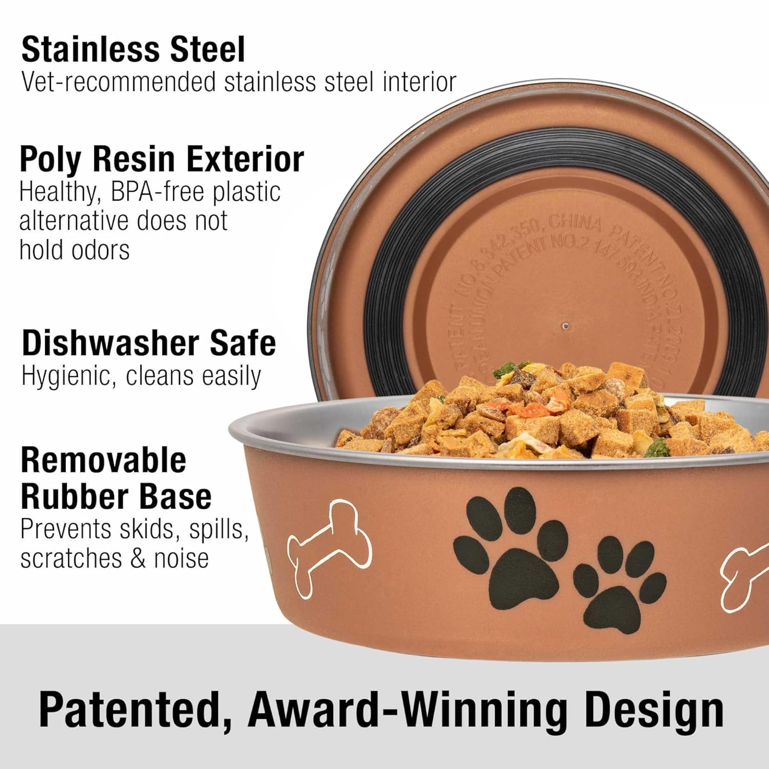 Stainless Steel Dog Dish Fun Print Feeding Bowls Non Slip Rubber Base (Medium - Copper)