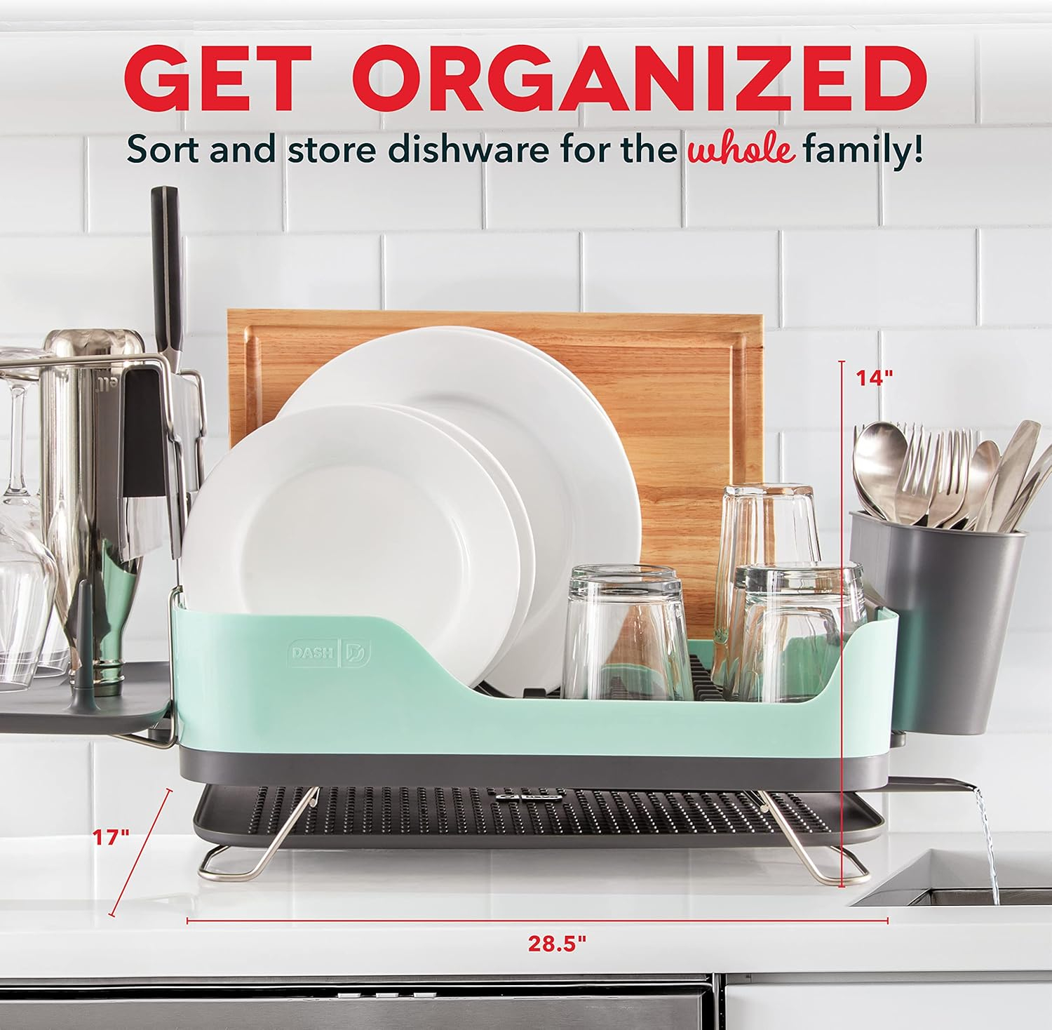 Aqua Metal Dish Rack with Utensil Cup and Drainage Spout