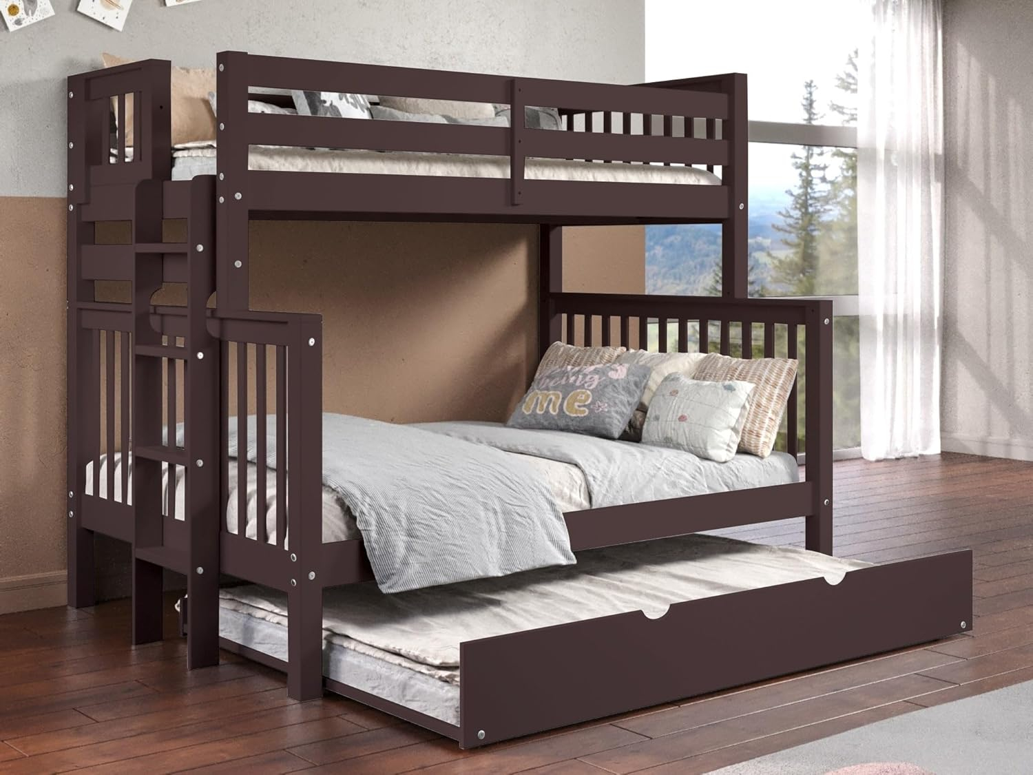 Bedz King Bunk Beds Twin over Full Mission Style with End Ladder and a Full Trundle, Dark Cherry