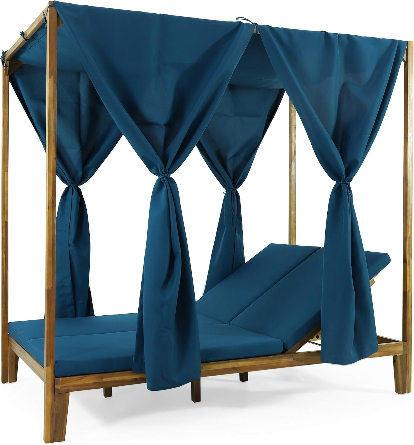 Christopher Knight Home Kinzie Outdoor 2-seat Adjustable Acacia Daybed w/ Curtains by  - 51.25" L x 78.75" W x 78.75" H Teak + Blue
