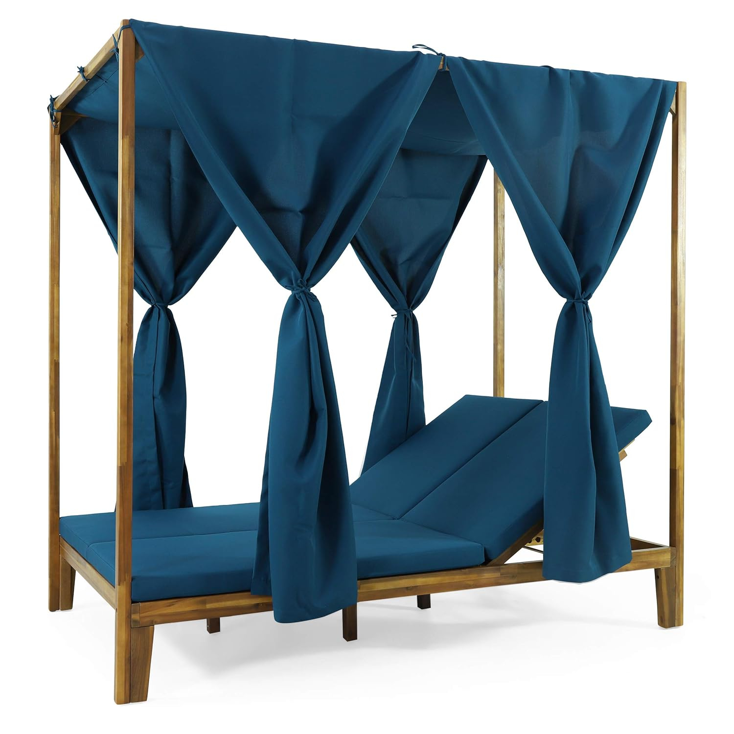 Christopher Knight Home Kinzie Outdoor 2-seat Adjustable Acacia Daybed w/ Curtains by  - 51.25" L x 78.75" W x 78.75" H Teak + Blue
