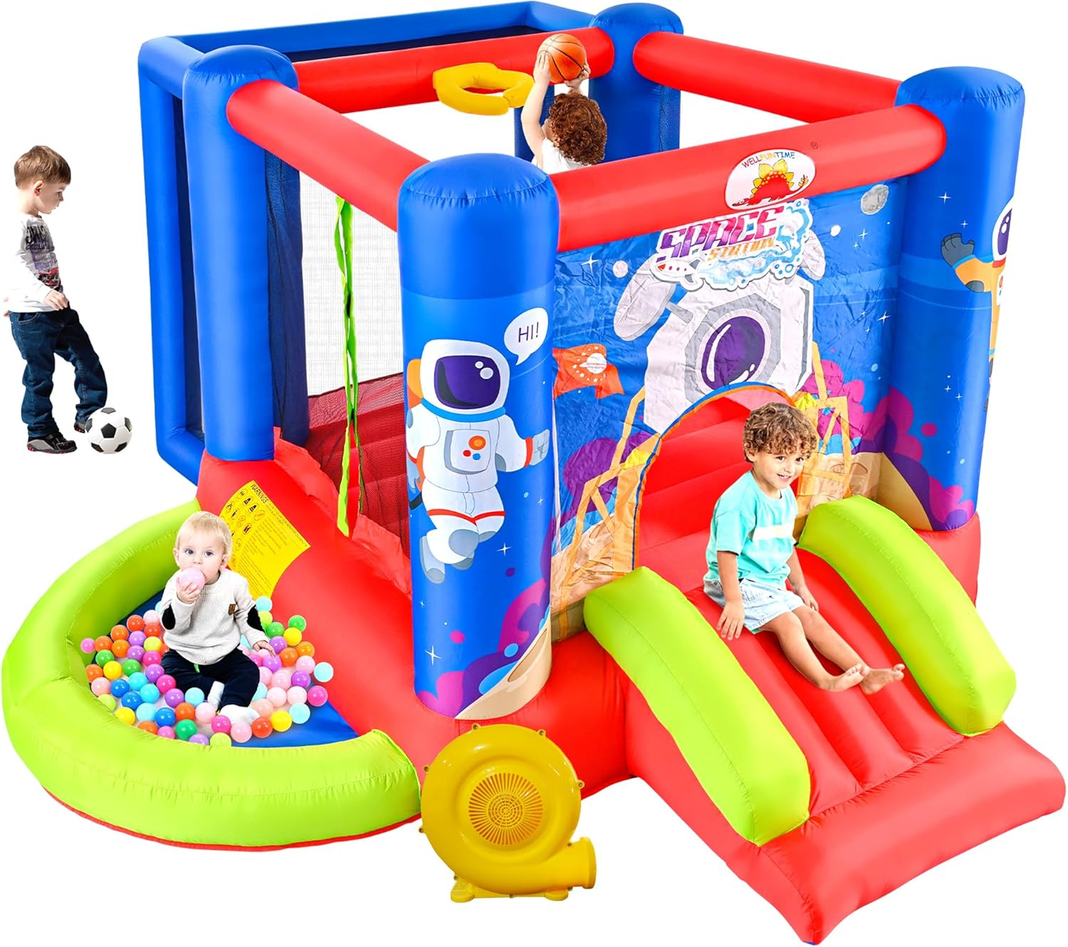 Inflatable Bounce House with Slide, Jumping Castle with Blower for Kids Play House with Wave Pool