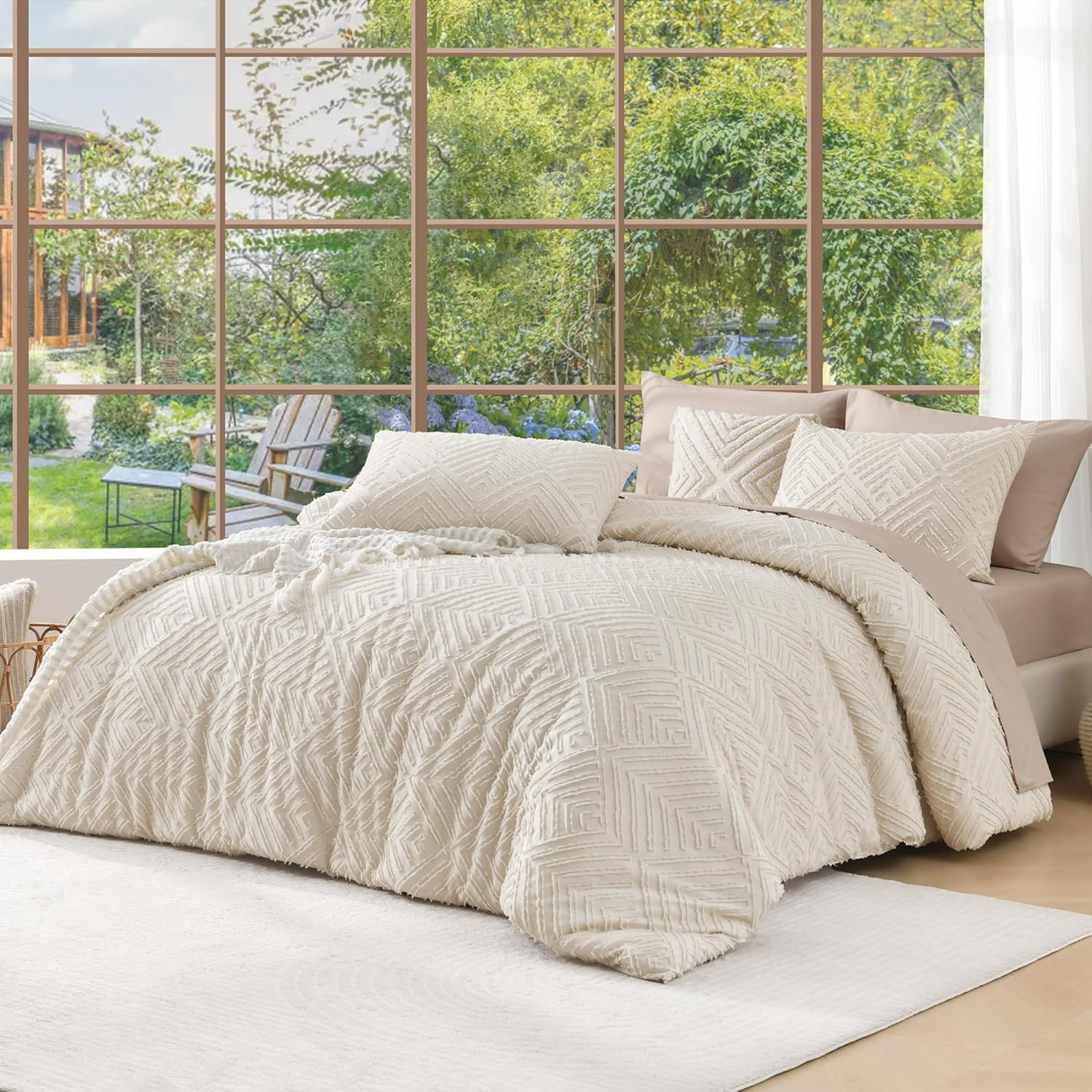 Andency Beige Boho Full Size Comforter Set, 3 Pieces Chevron Tufted Farmhouse Lightweight and Fluffy Bedding Set, All Season Bed Set (79x90In Comforter and 2 Pillow Shams)