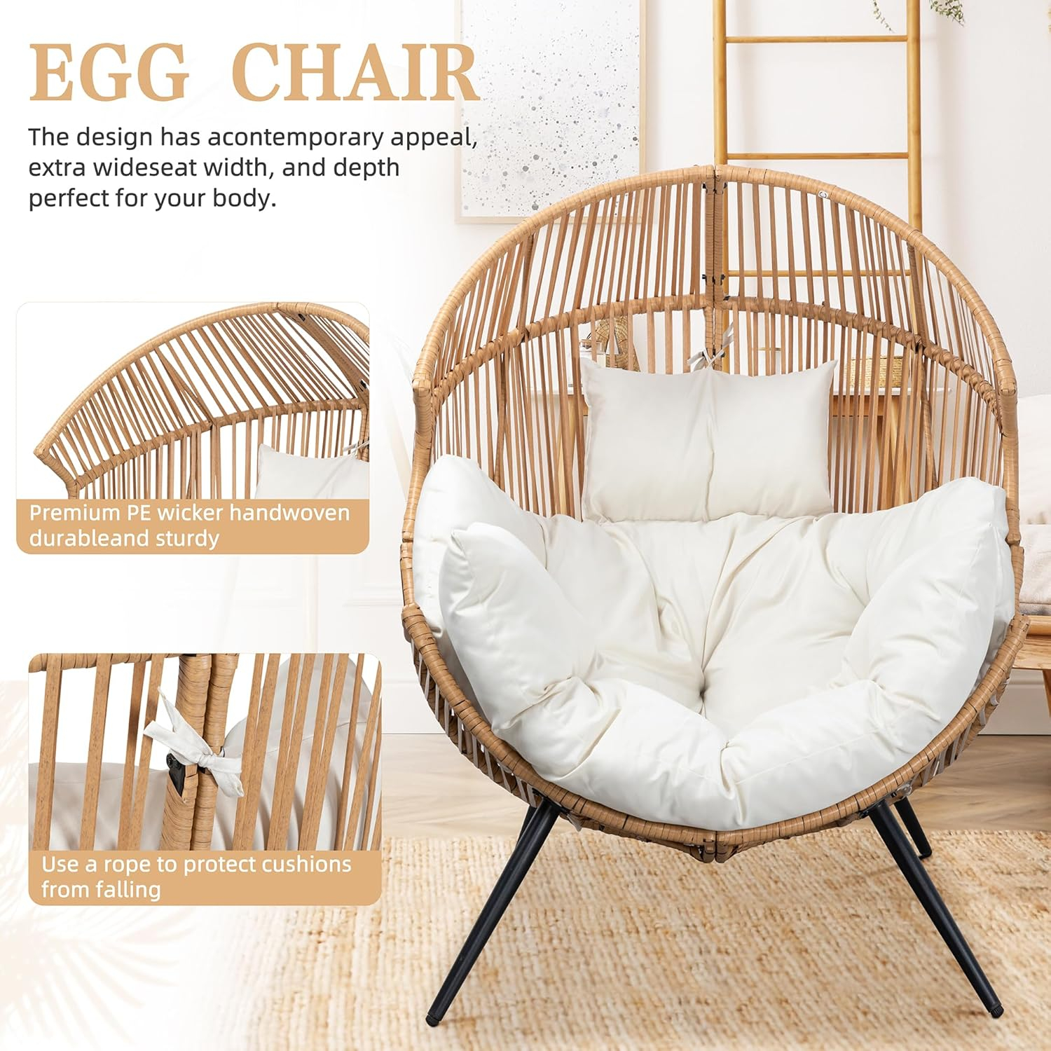 Vongrasig Wicker Egg Chair PE Rattan Chair with Cushion, Oversized Patio Lounge Chair for Outdoor, Indoor, Balcony, Backyard, Garden, Living Room, Beige