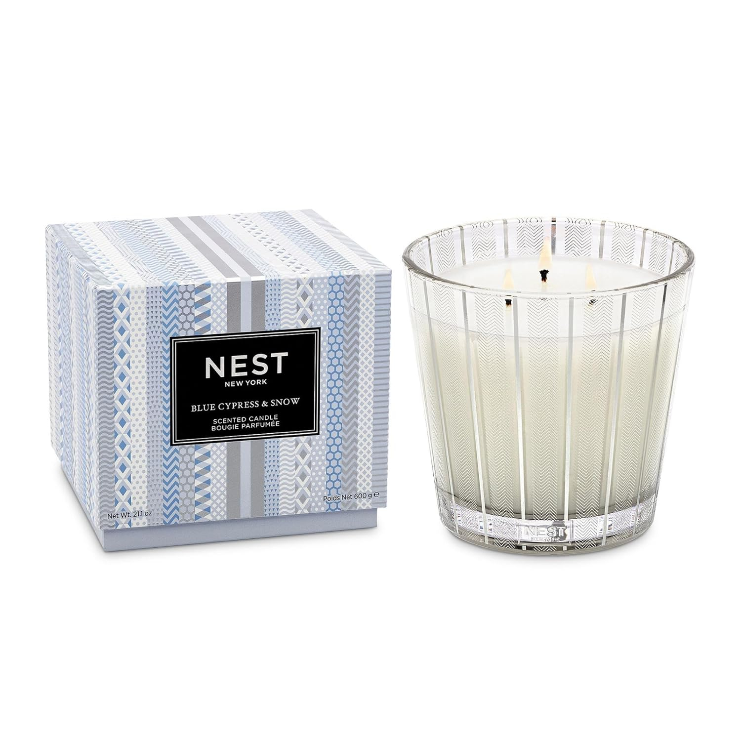 NEST New York Scented 3-Wick Candle, Blue Cypress & Snow - 21.2 oz - Up to 100-Hour Burn Time - Reusable Glass Vessel
